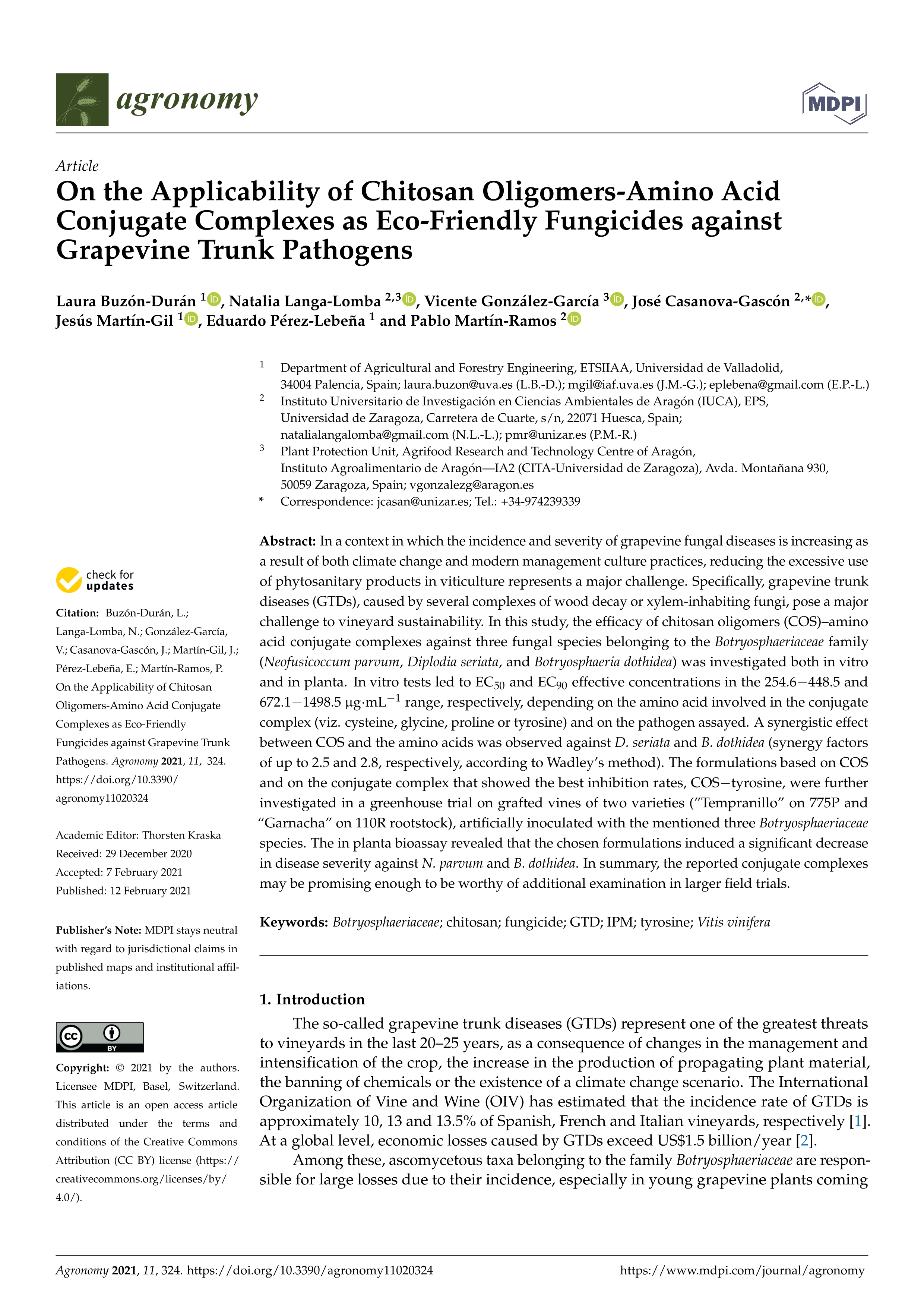 On the applicability of chitosan oligomers-amino acid conjugate complexes as eco-friendly fungicides against grapevine trunk pathogens