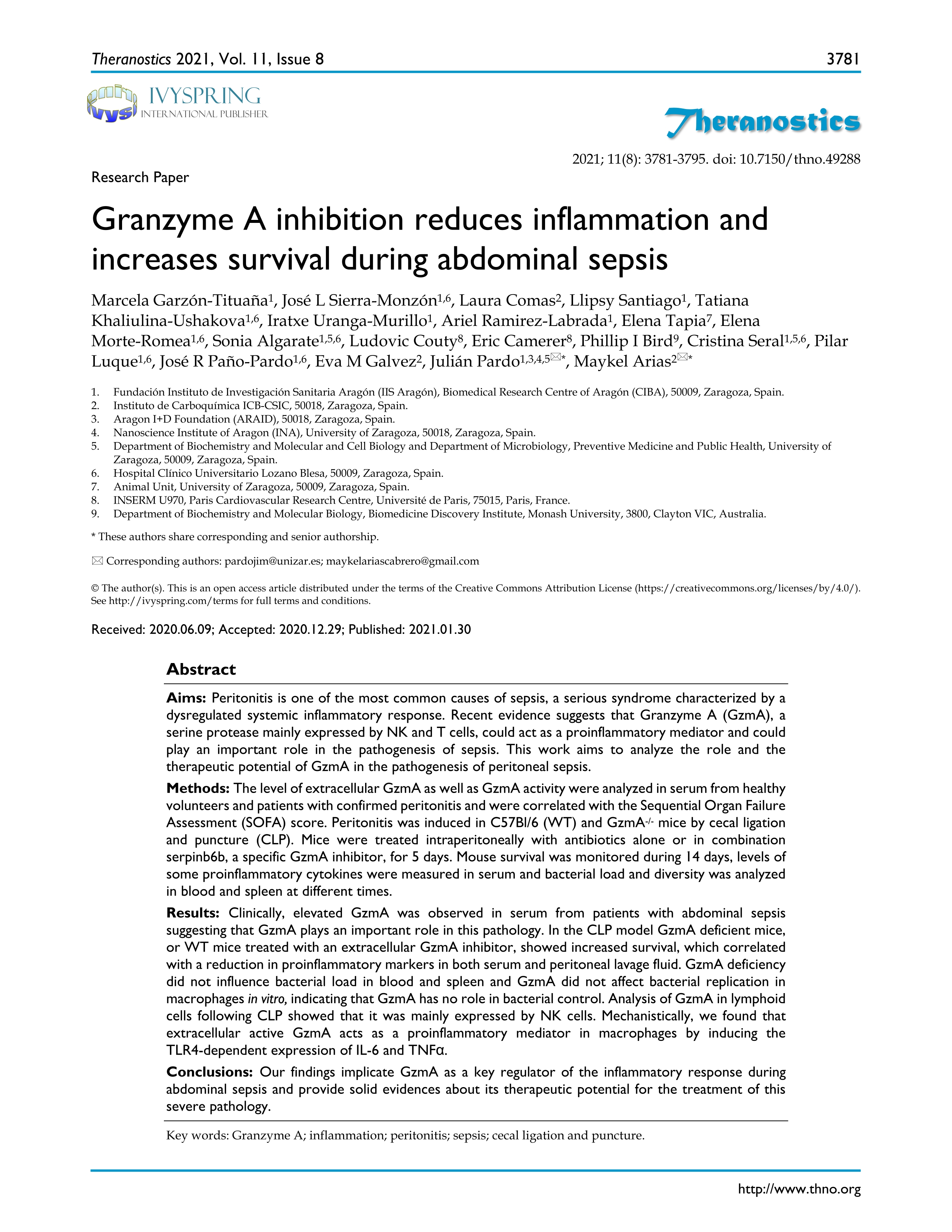 Granzyme A inhibition reduces inflammation and increases survival during abdominal sepsis
