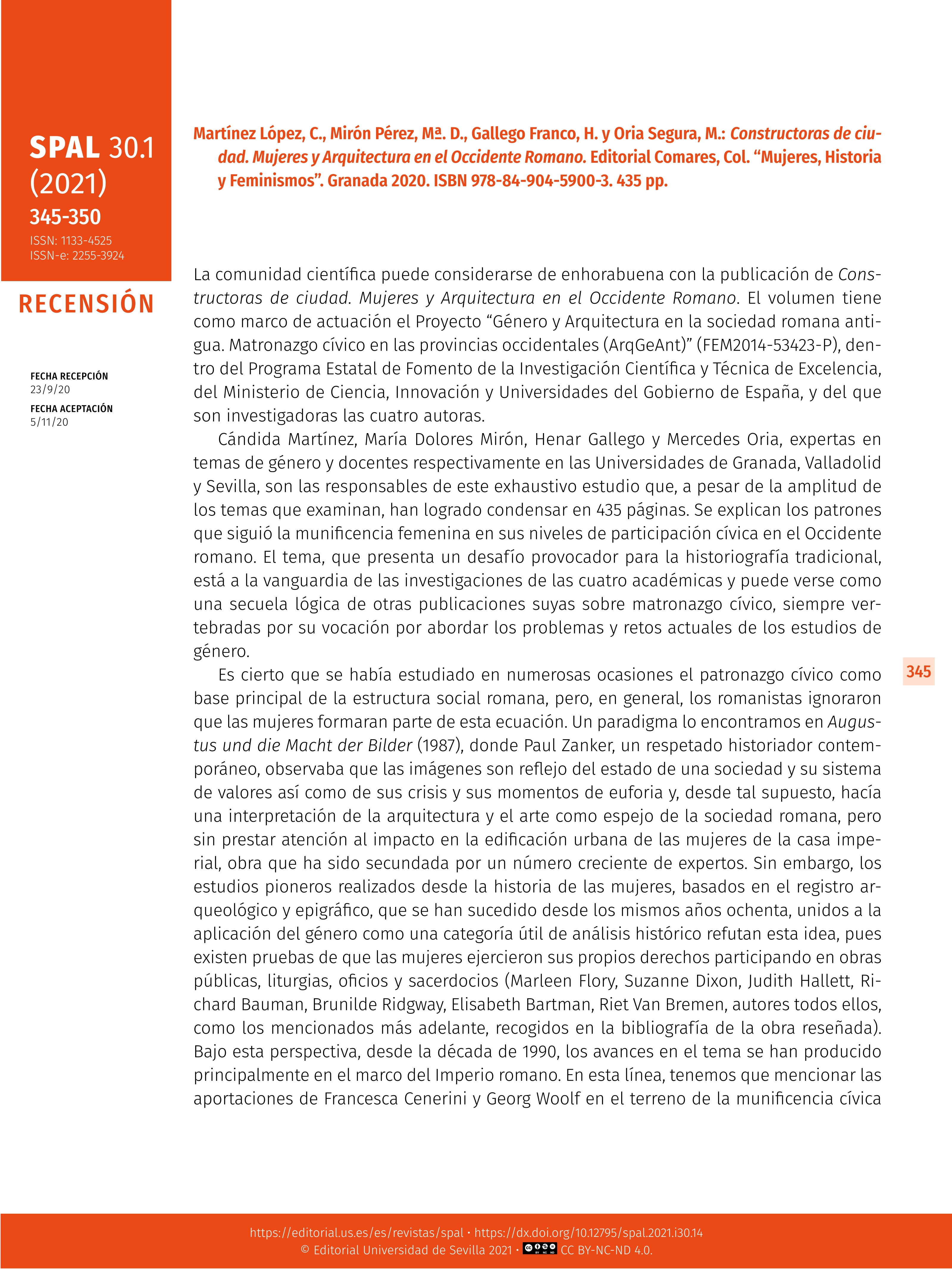 Martínez López, C., Mirón Pérez, Mª. D., Gallego Franco, H. y Oria Segura, M.: Constructoras de ciudad. Mujeres y Arquitectura en el Occidente Romano. Editorial Comares, Col. 