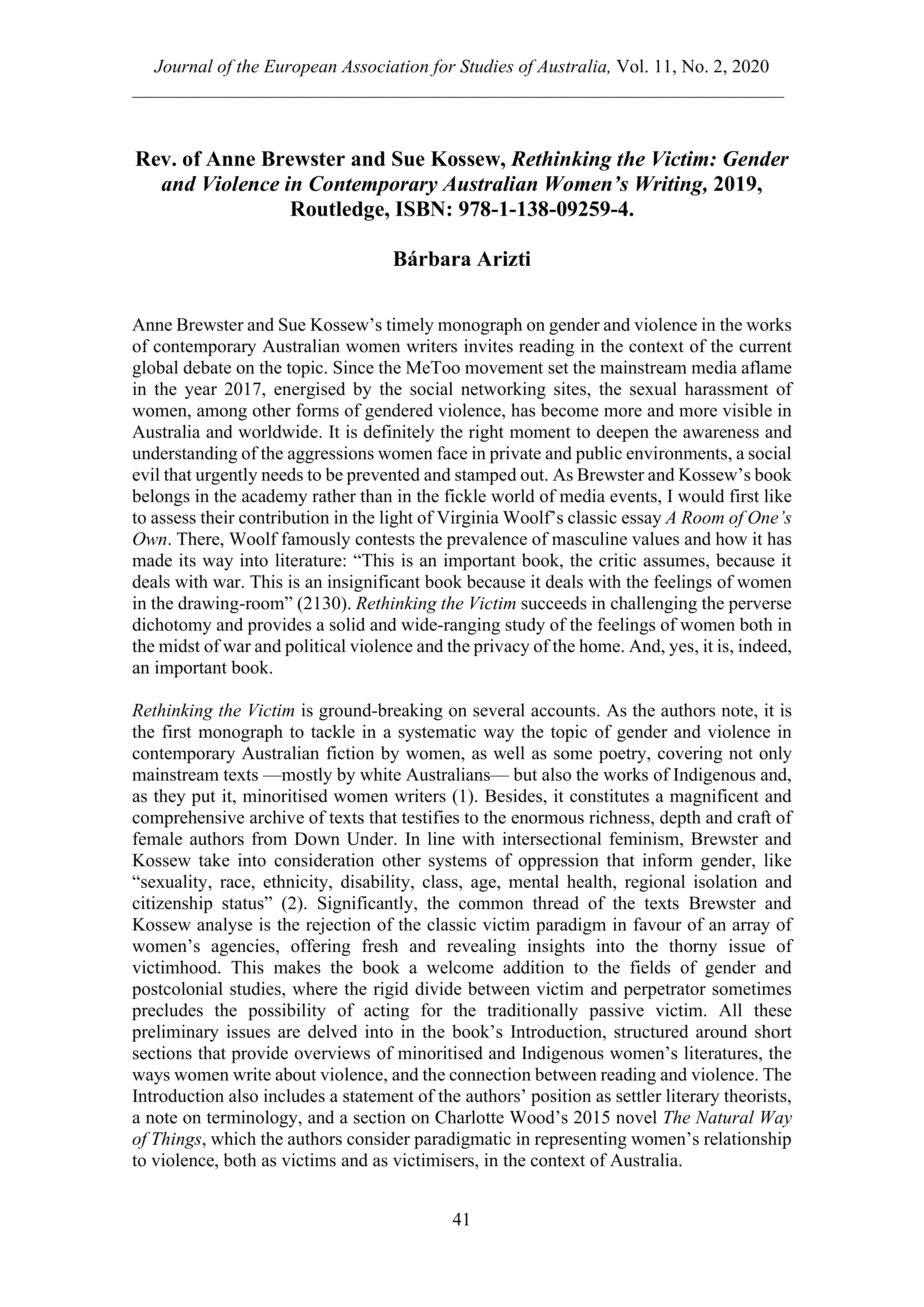 Rev. of Anne Brewster and Sue Kossew, Rethinking the Victim: Gender and Violence in Contemporary Australian Women’s Writing (Routledge 2019)