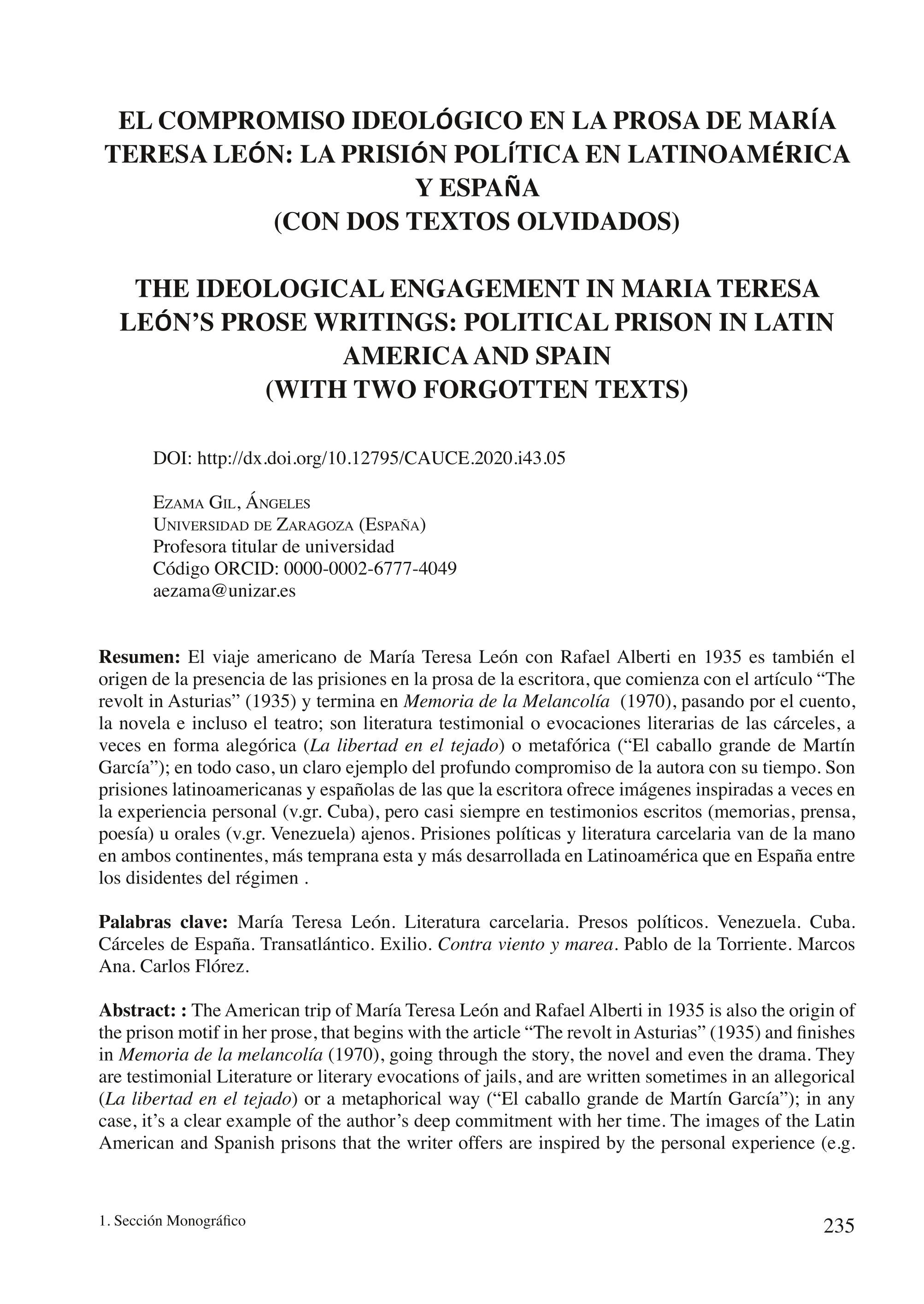 El compromiso ideológico en la prosa de María Teresa León: a prisión política en Latinoamérica y España (con dos textos olvidados)