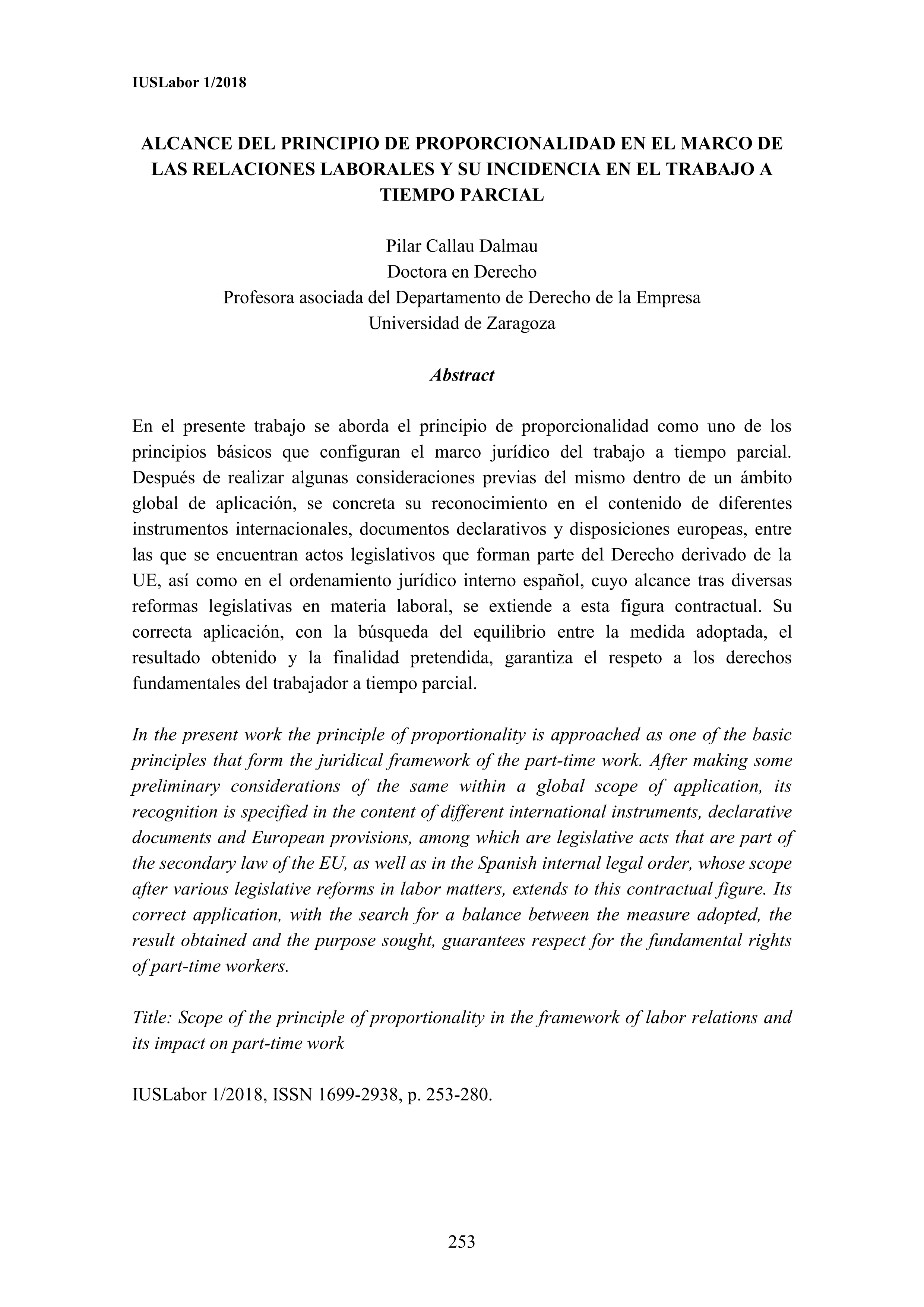 Alcance del principio de proporcionalidad en el marco de las relaciones laborales y su incidencia en el trabajo a tiempo parcial