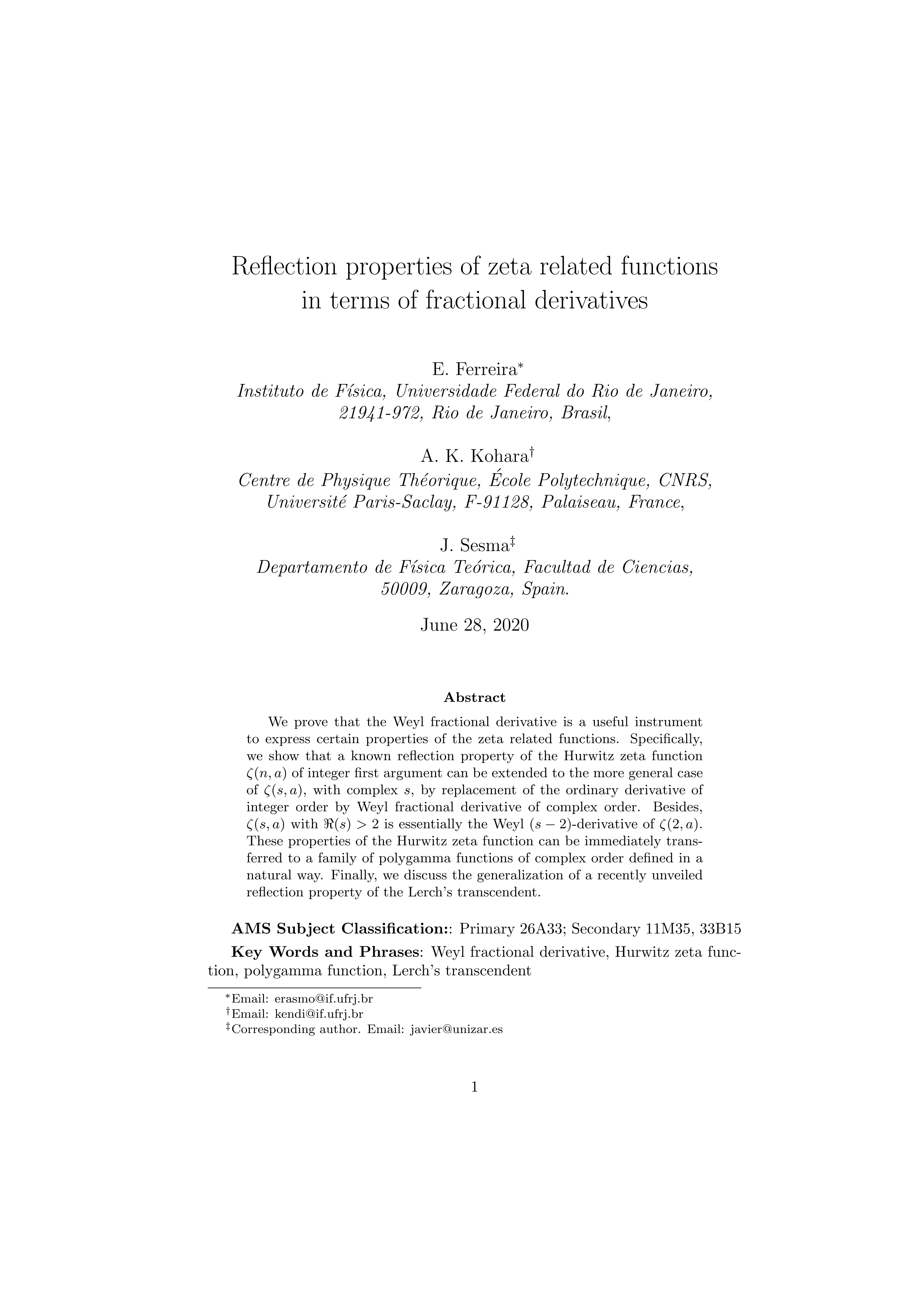 Reflection properties of zeta related functions in terms of fractional derivatives