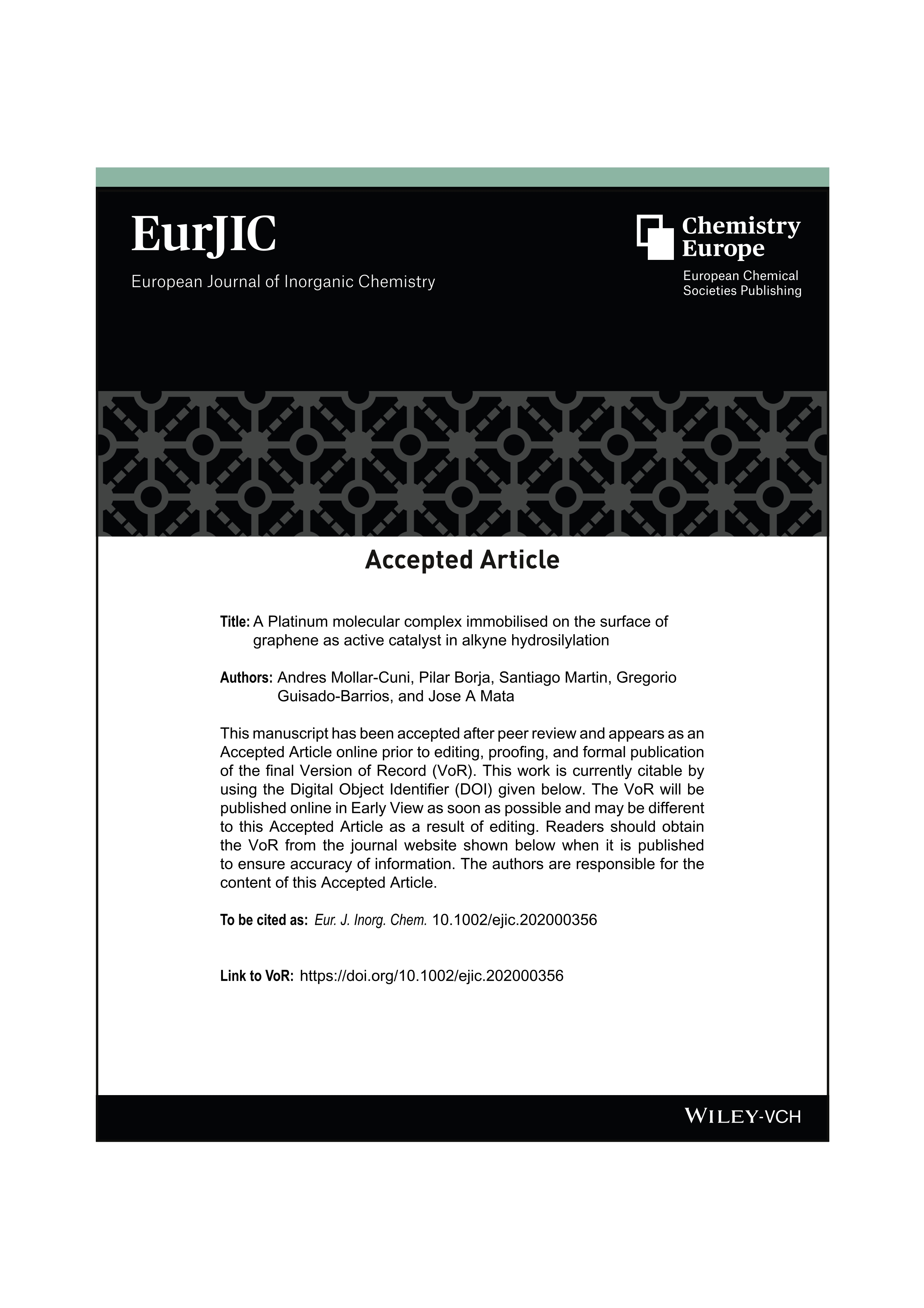 A Platinum Molecular Complex Immobilised on the Surface of Graphene as Active Catalyst in Alkyne Hydrosilylation