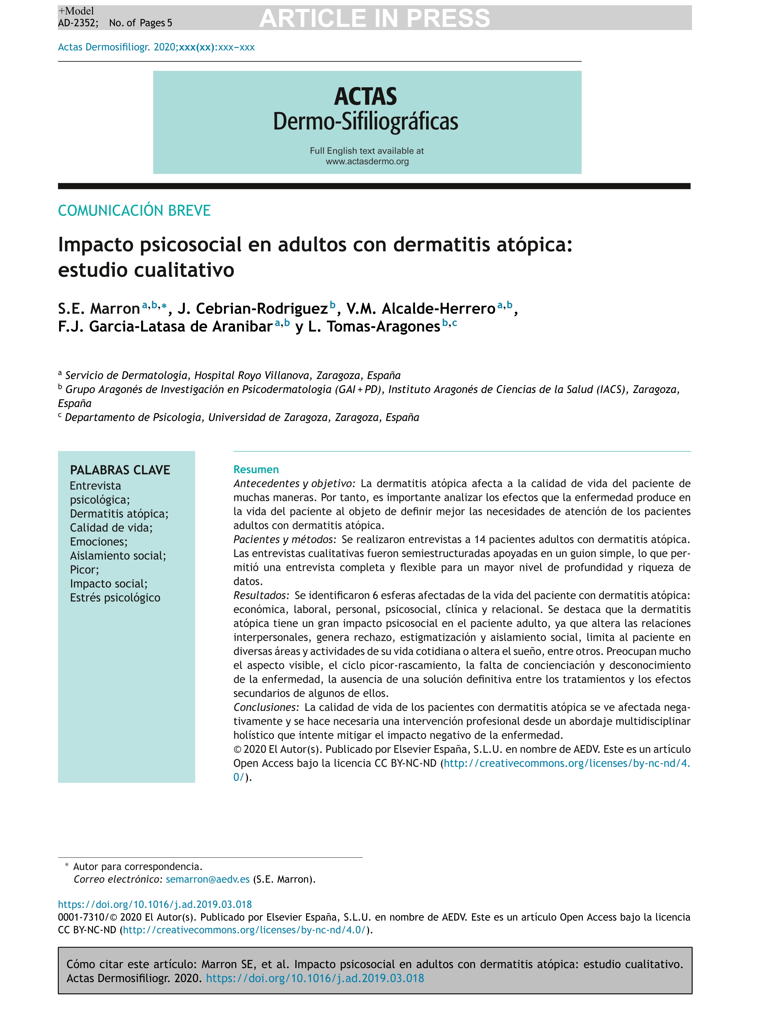 Impacto psicosocial en adultos con dermatitis atópica: estudio cualitativo