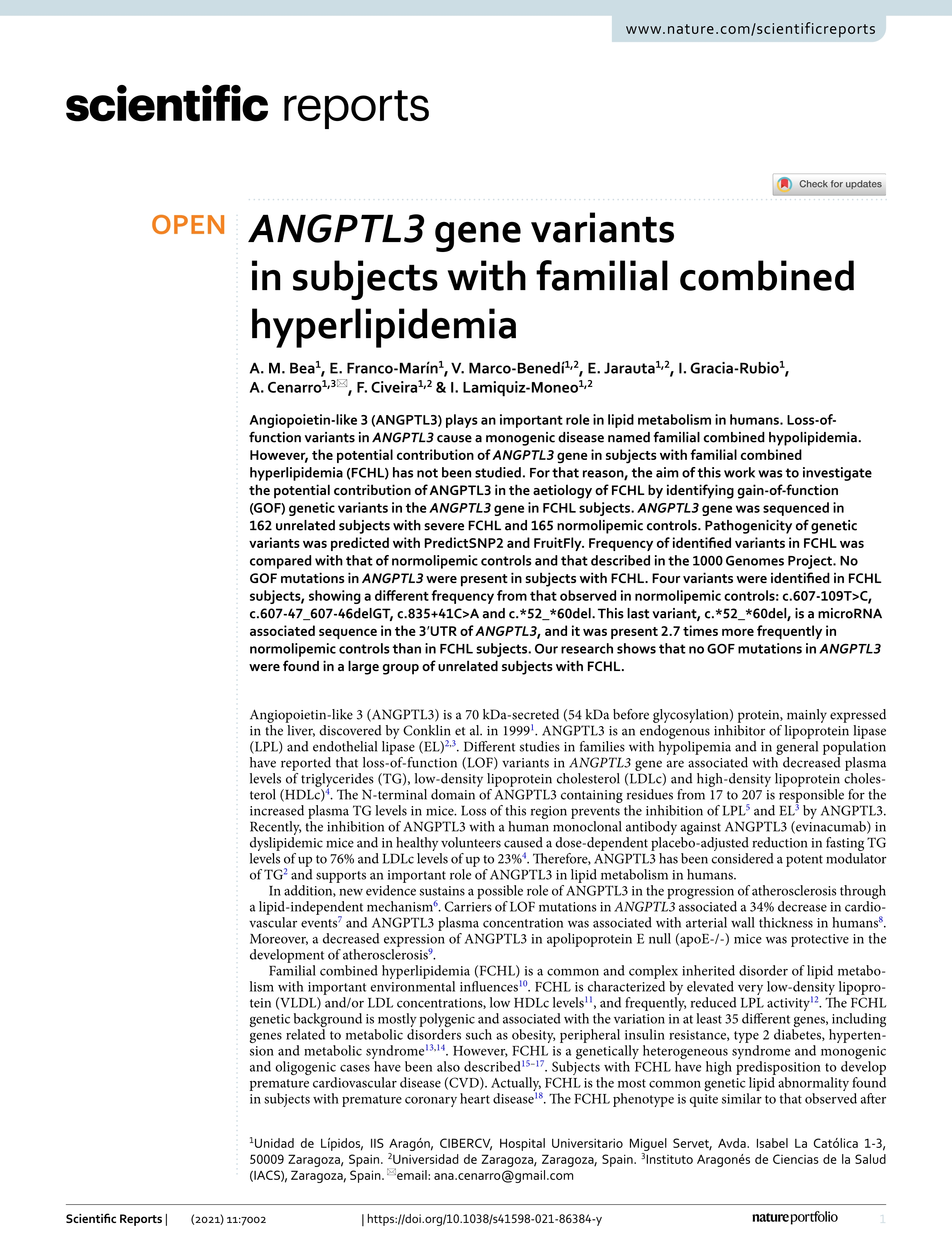 ANGPTL3 gene variants in subjects with familial combined hyperlipidemia