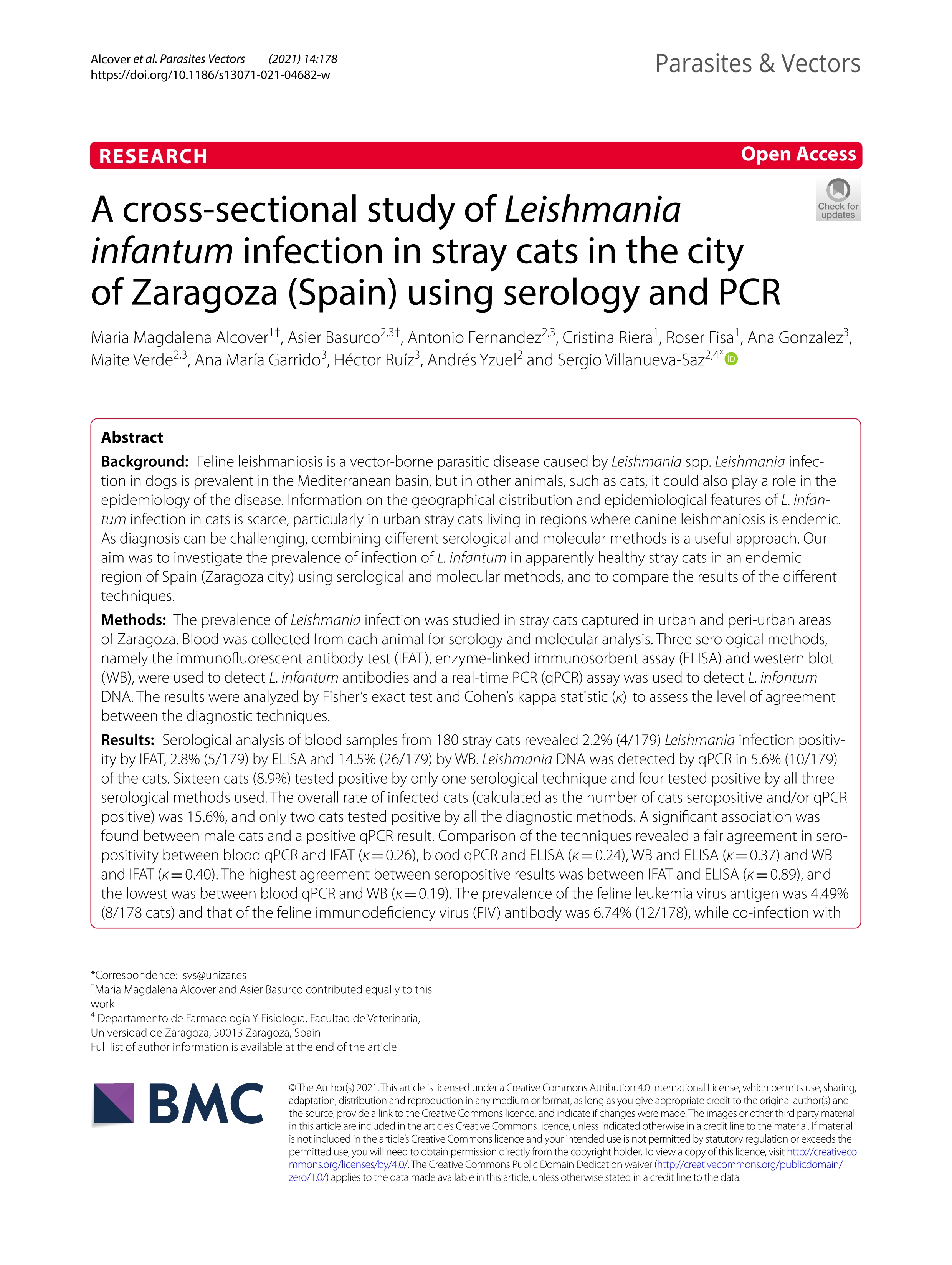 A cross-sectional study of Leishmania infantum infection in stray cats in the city of Zaragoza (Spain) using serology and PCR