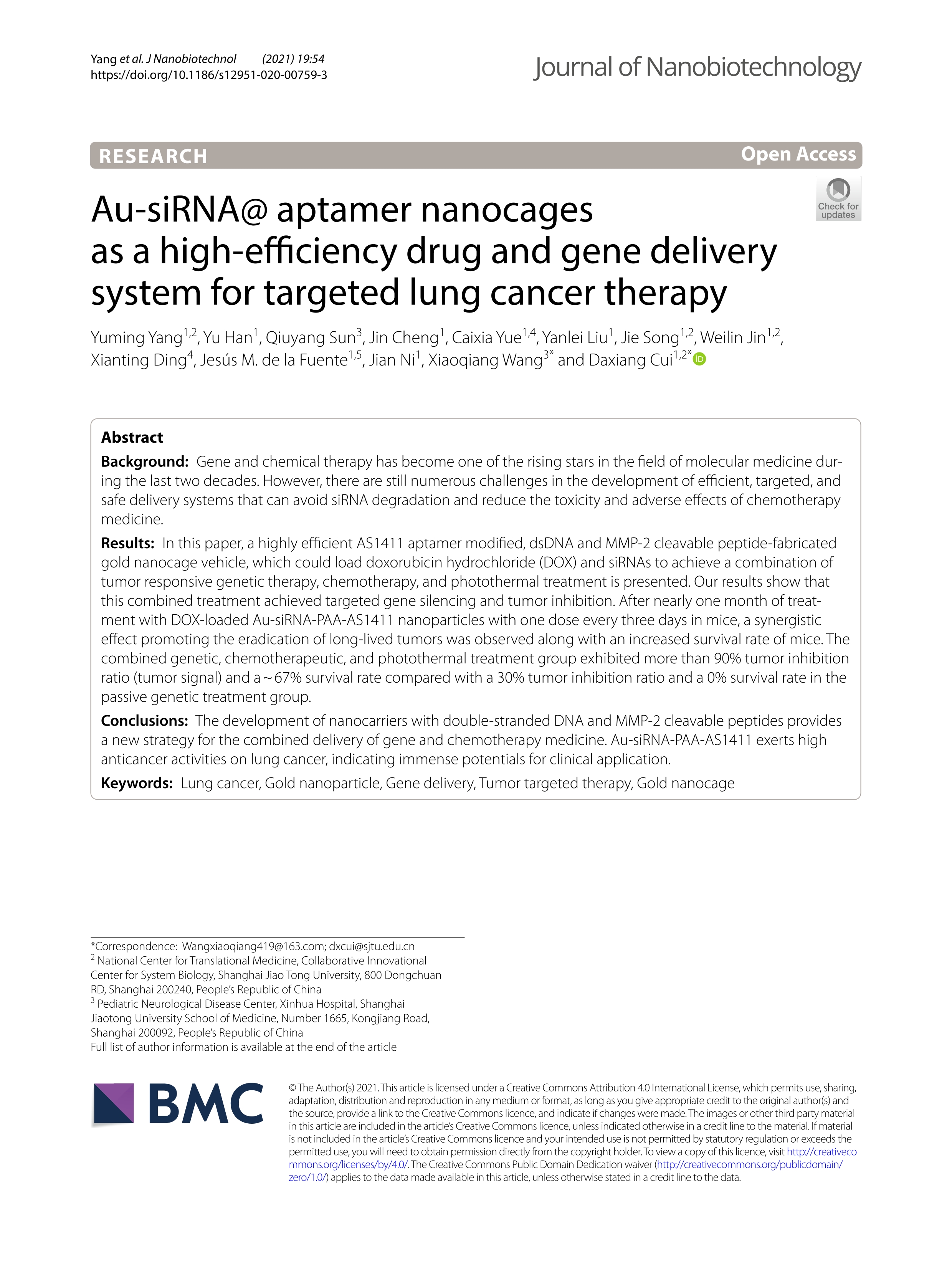 Au-siRNA@ aptamer nanocages as a high-efficiency drug and gene delivery system for targeted lung cancer therapy