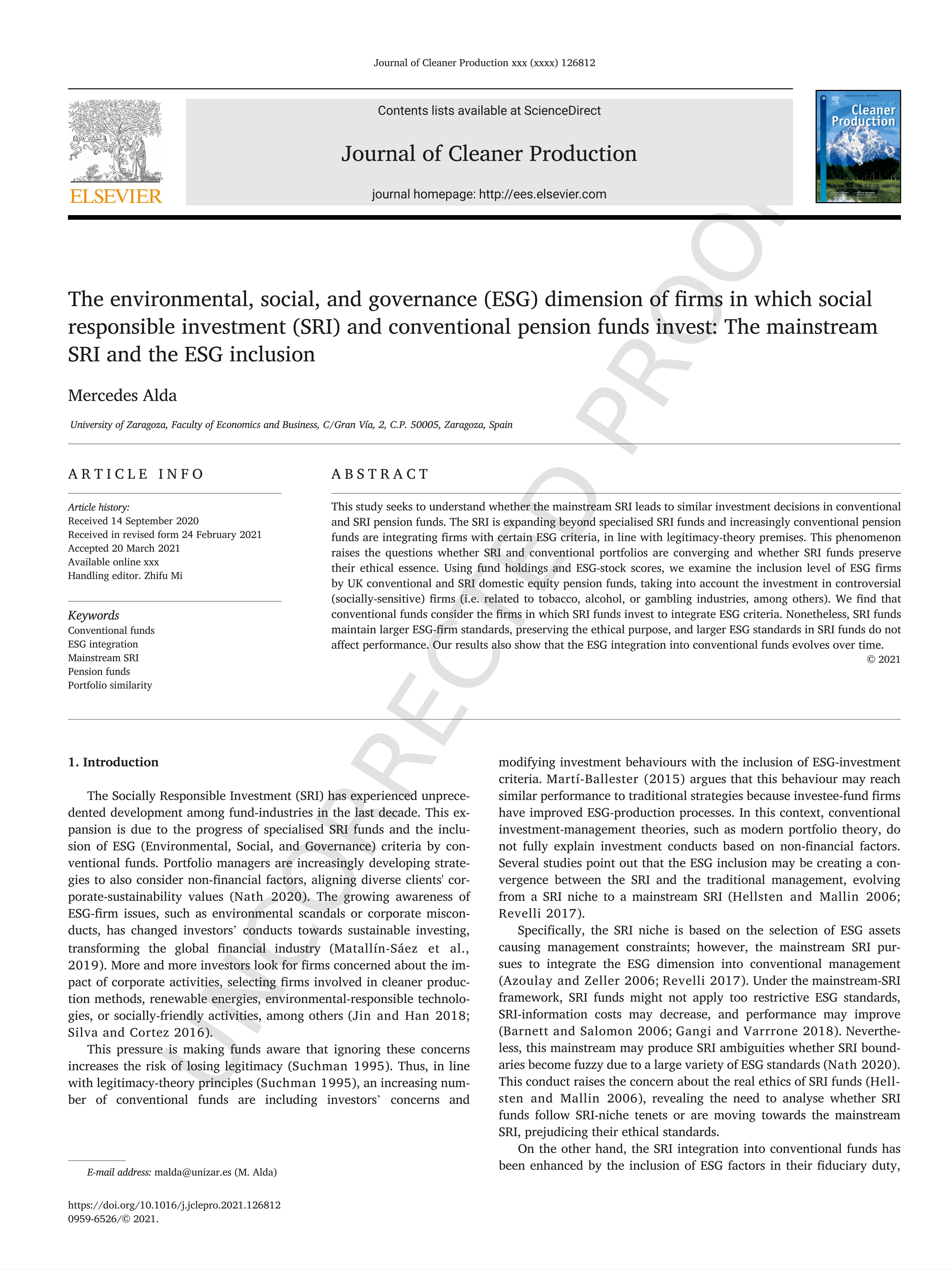 The environmental, social, and governance (ESG) dimension of firms in which social responsible investment (SRI) and conventional pension funds invest: the mainstream SRI and the ESG inclusion