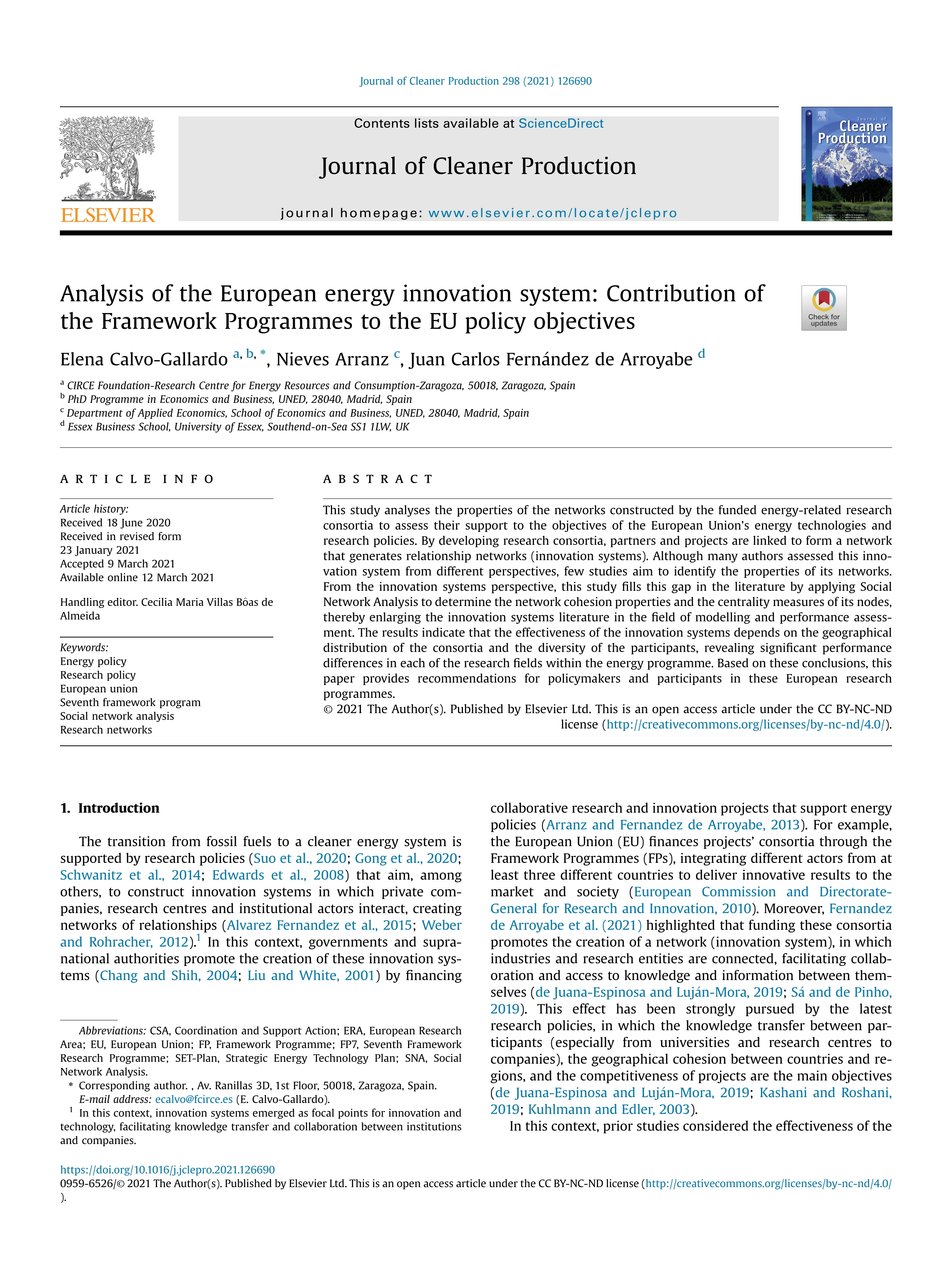 Analysis of the European energy innovation system: contribution of the framework programmes to the EU policy objectives