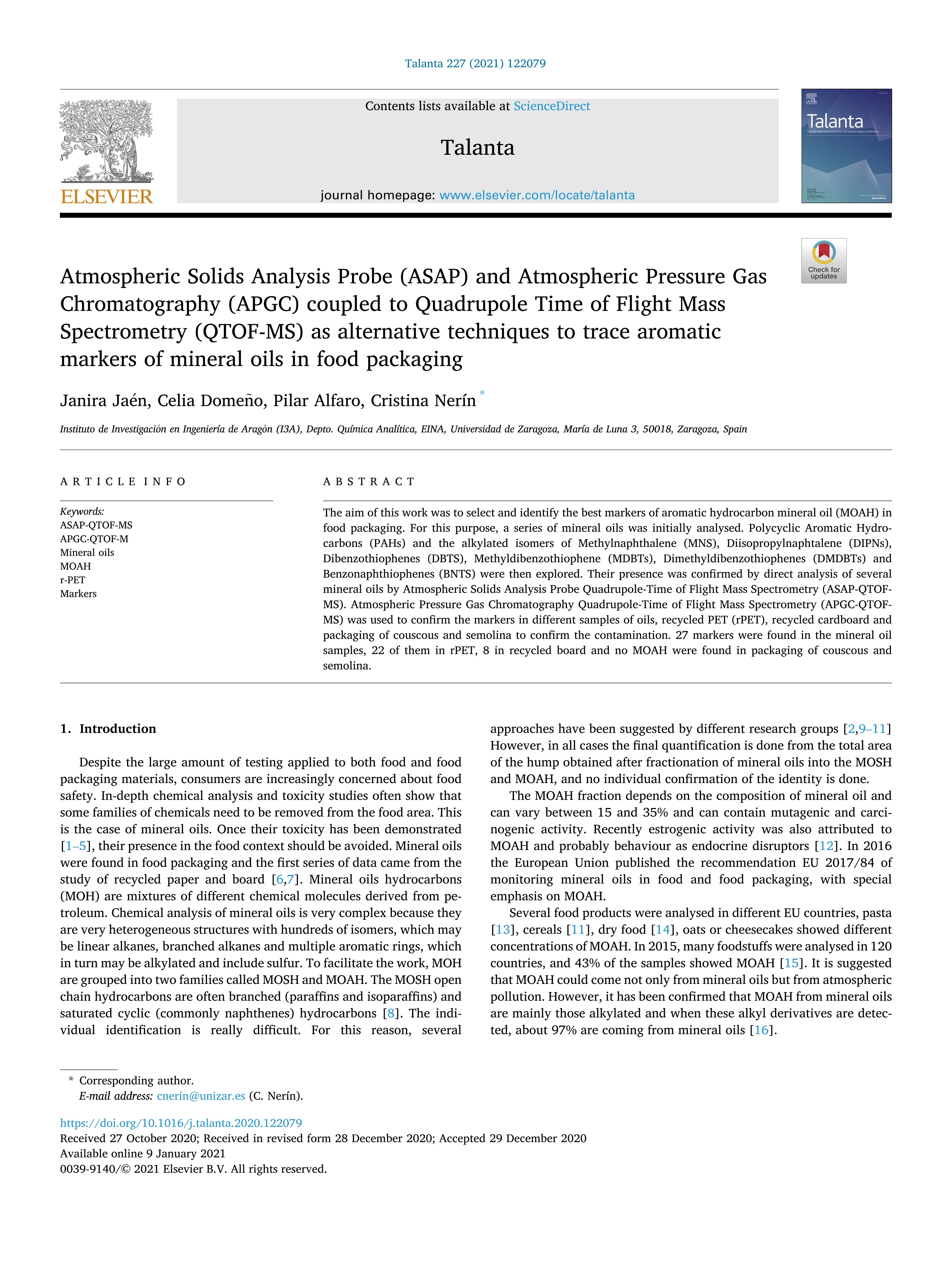 Atmospheric Solids Analysis Probe (ASAP) and Atmospheric Pressure Gas Chromatography (APGC) coupled to Quadrupole Time of Flight Mass Spectrometry (QTOF-MS) as alternative techniques to trace aromatic markers of mineral oils in food packaging