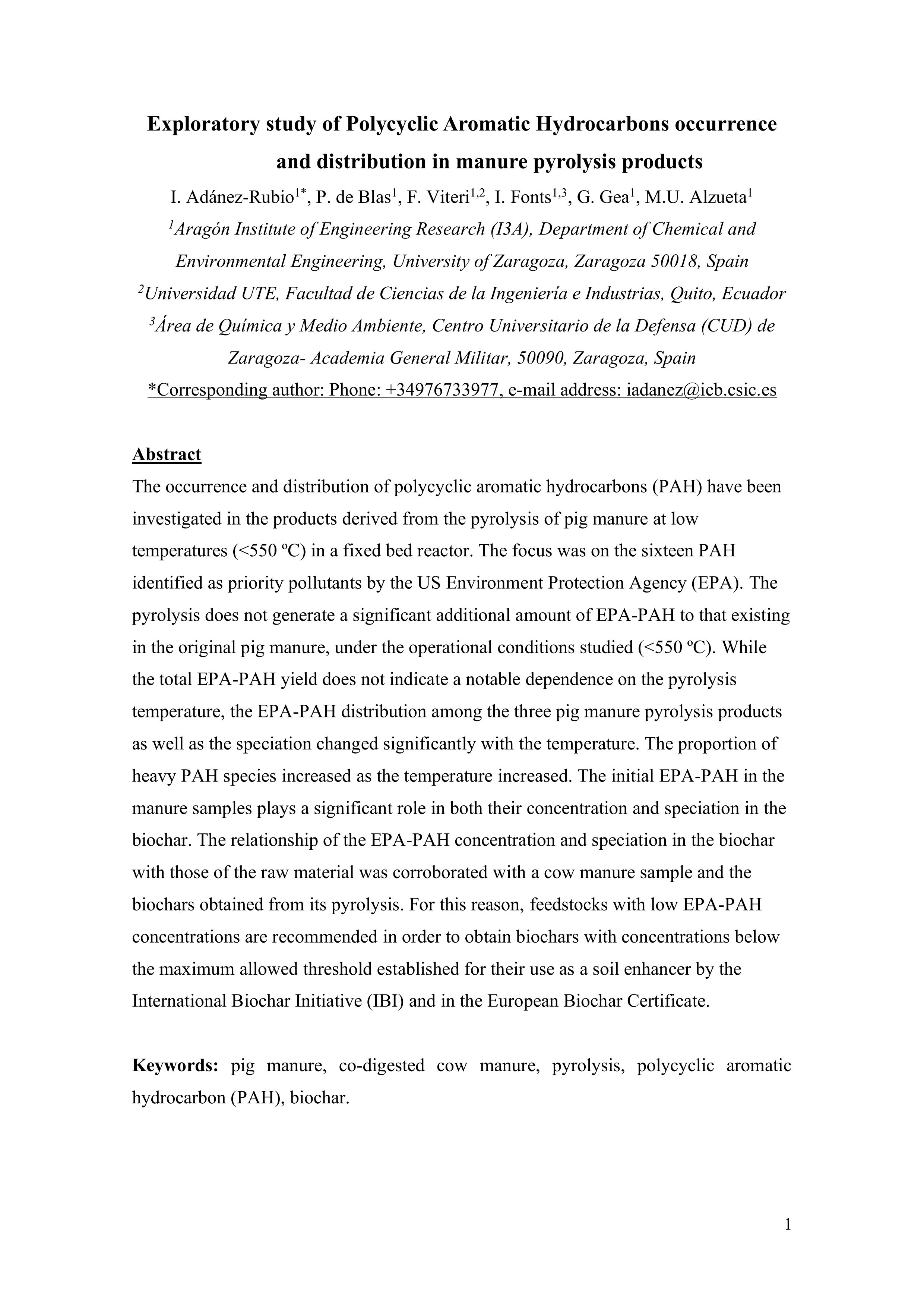 Exploratory study of polycyclic aromatic hydrocarbons occurrence and distribution in manure pyrolysis products