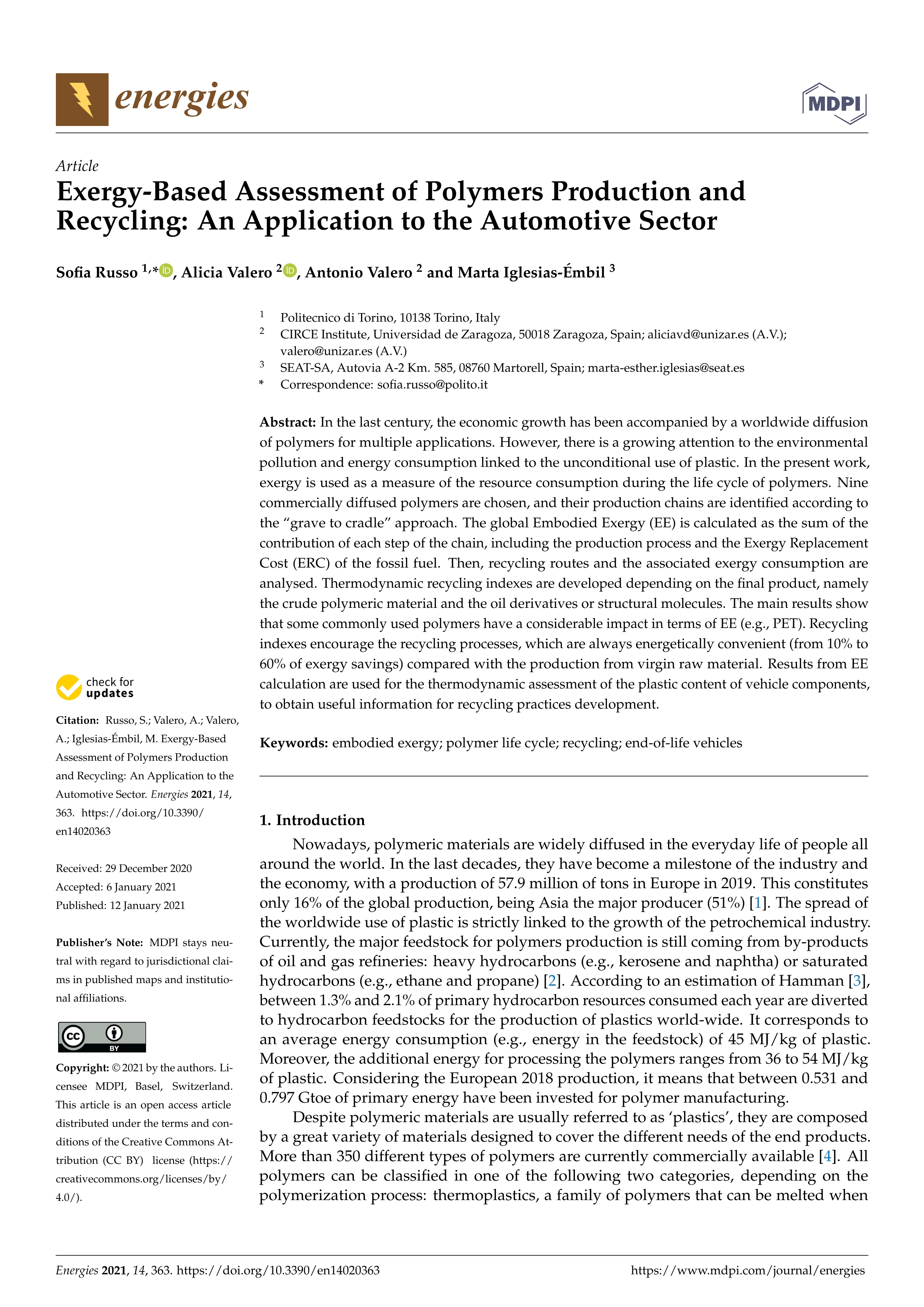 Exergy-based assessment of polymers production and recycling: An application to the automotive sector