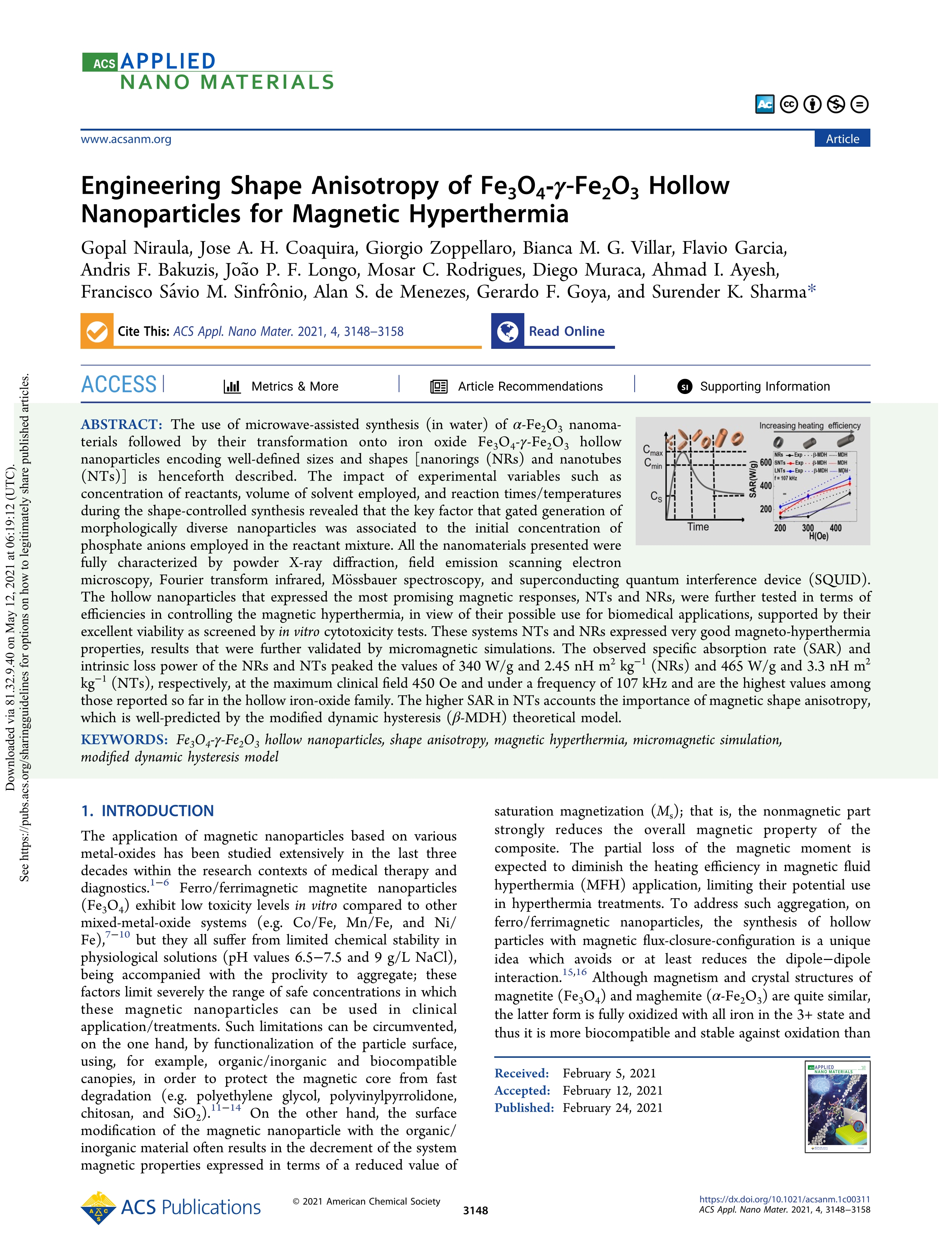 Engineering shape anisotropy of Fe3O4-¿-Fe2O3 hollow nanoparticles for magnetic hyperthermia