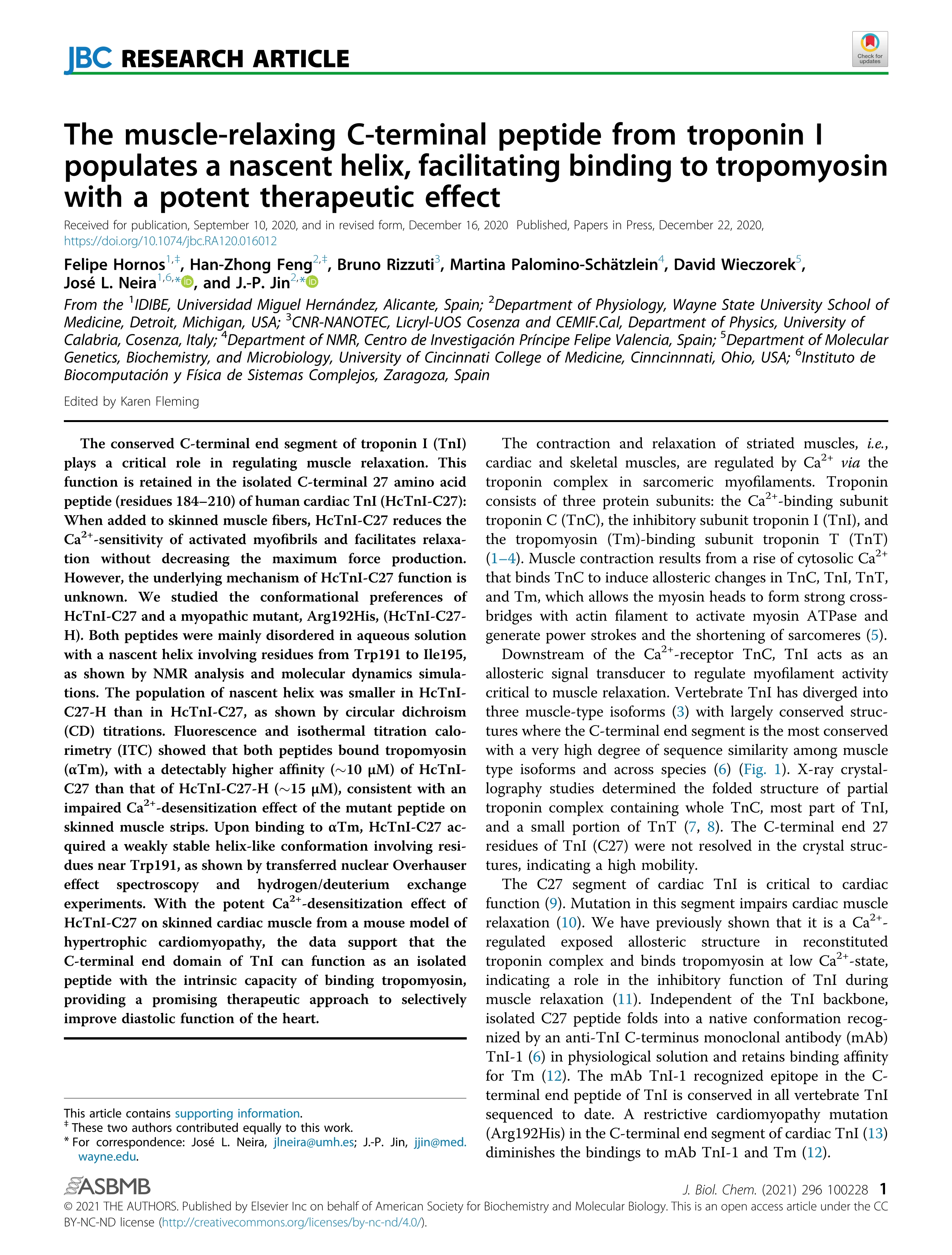 The muscle-relaxing C-terminal peptide from troponin I populates a nascent helix, facilitating binding to tropomyosin with a potent therapeutic effect