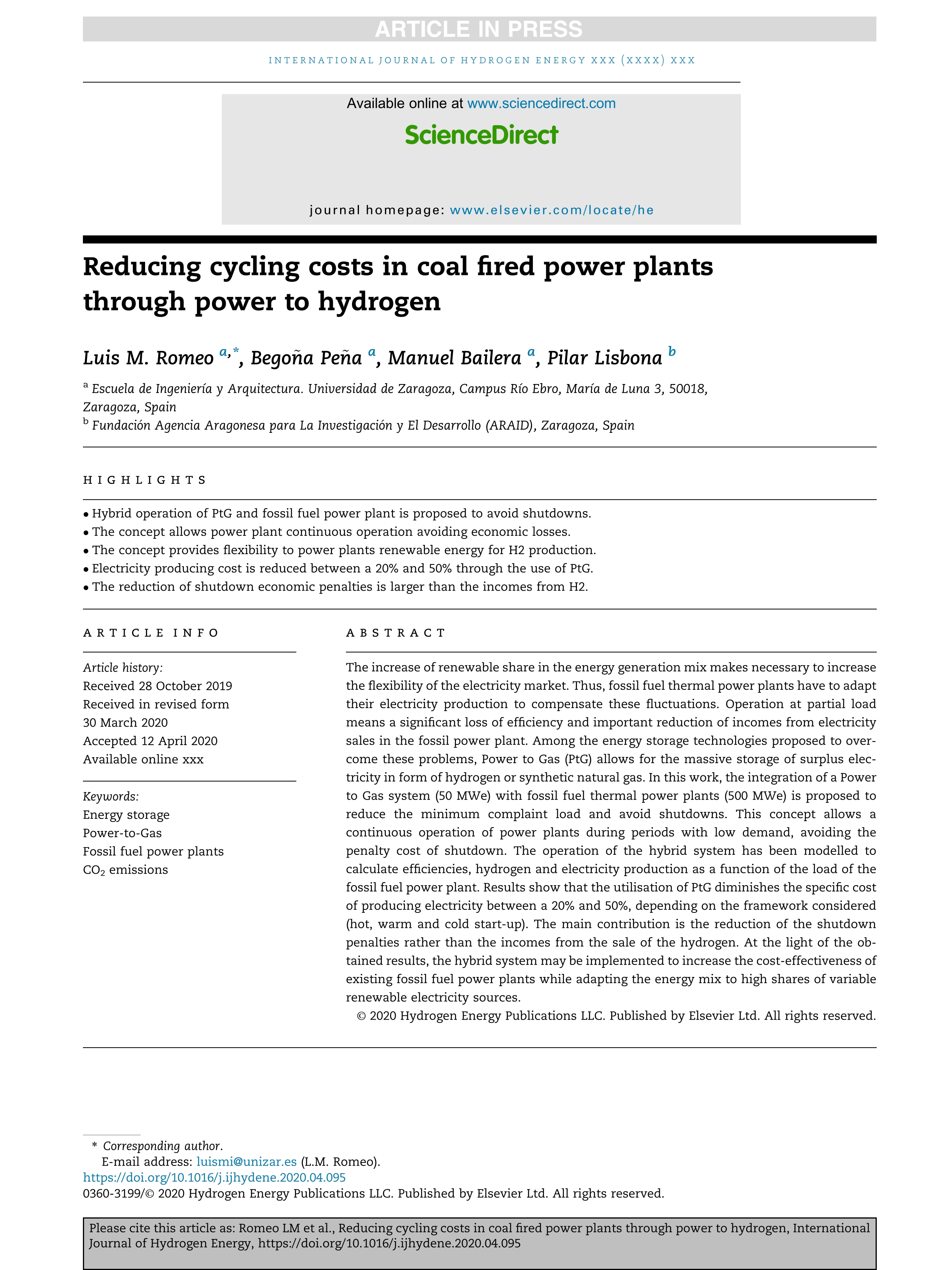 Reducing cycling costs in coal fired power plants through power to hydrogen