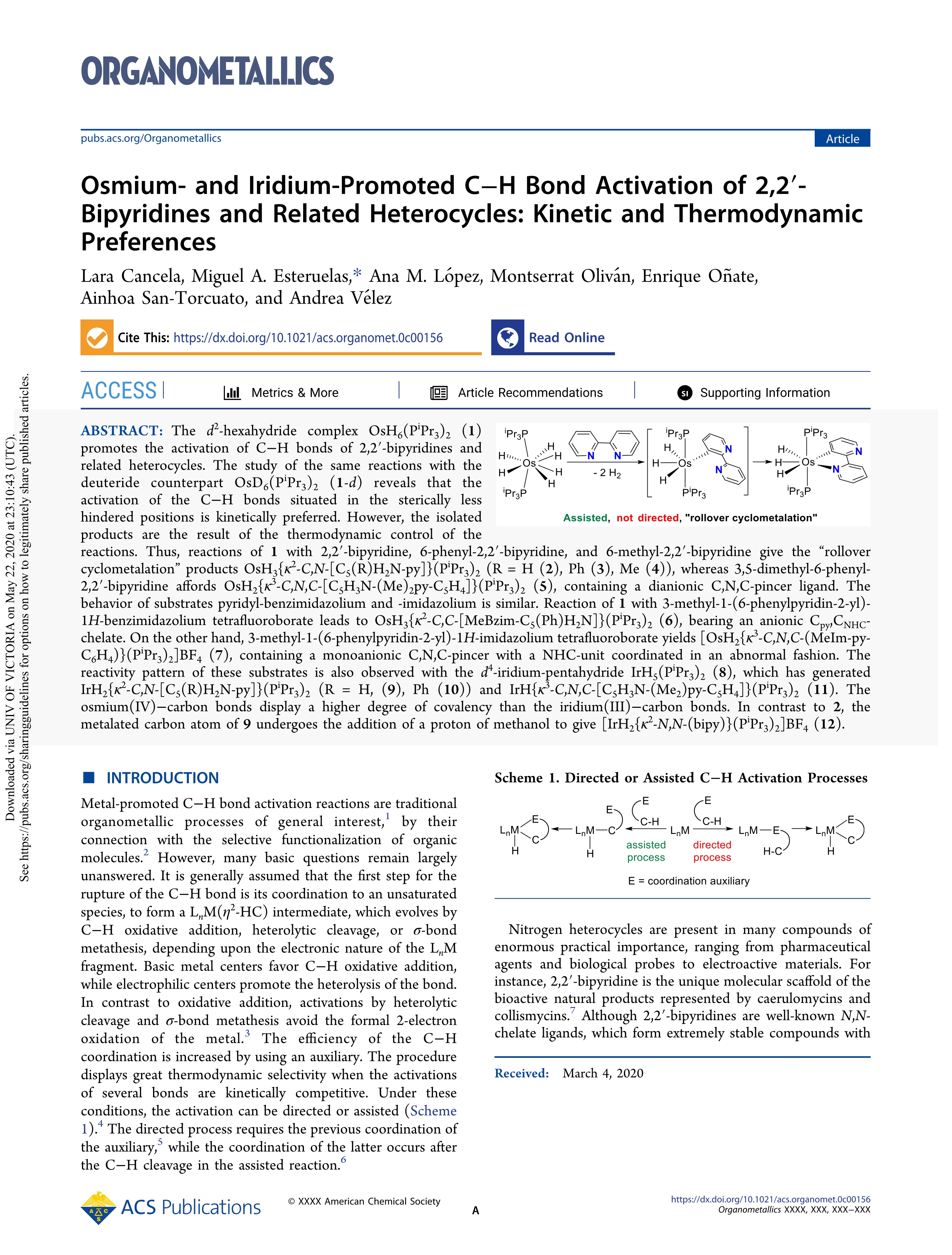 Osmium- And Iridium-Promoted C-H Bond Activation of 2, 2'-Bipyridines and Related Heterocycles: Kinetic and Thermodynamic Preferences