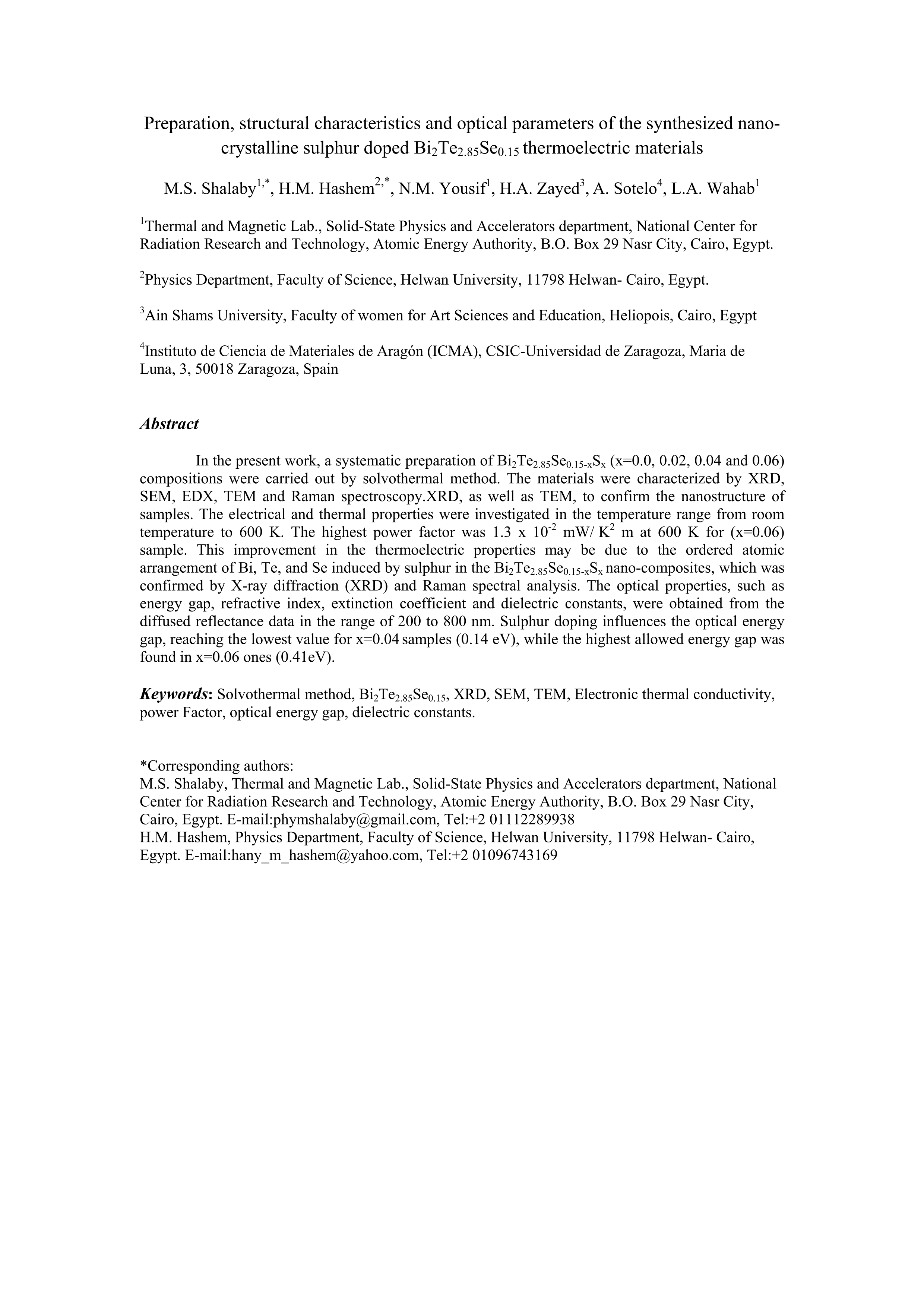 Preparation, structural characteristics and optical parameters of the synthesized nano-crystalline sulphur-doped Bi2Te2.85Se0.15 thermoelectric materials