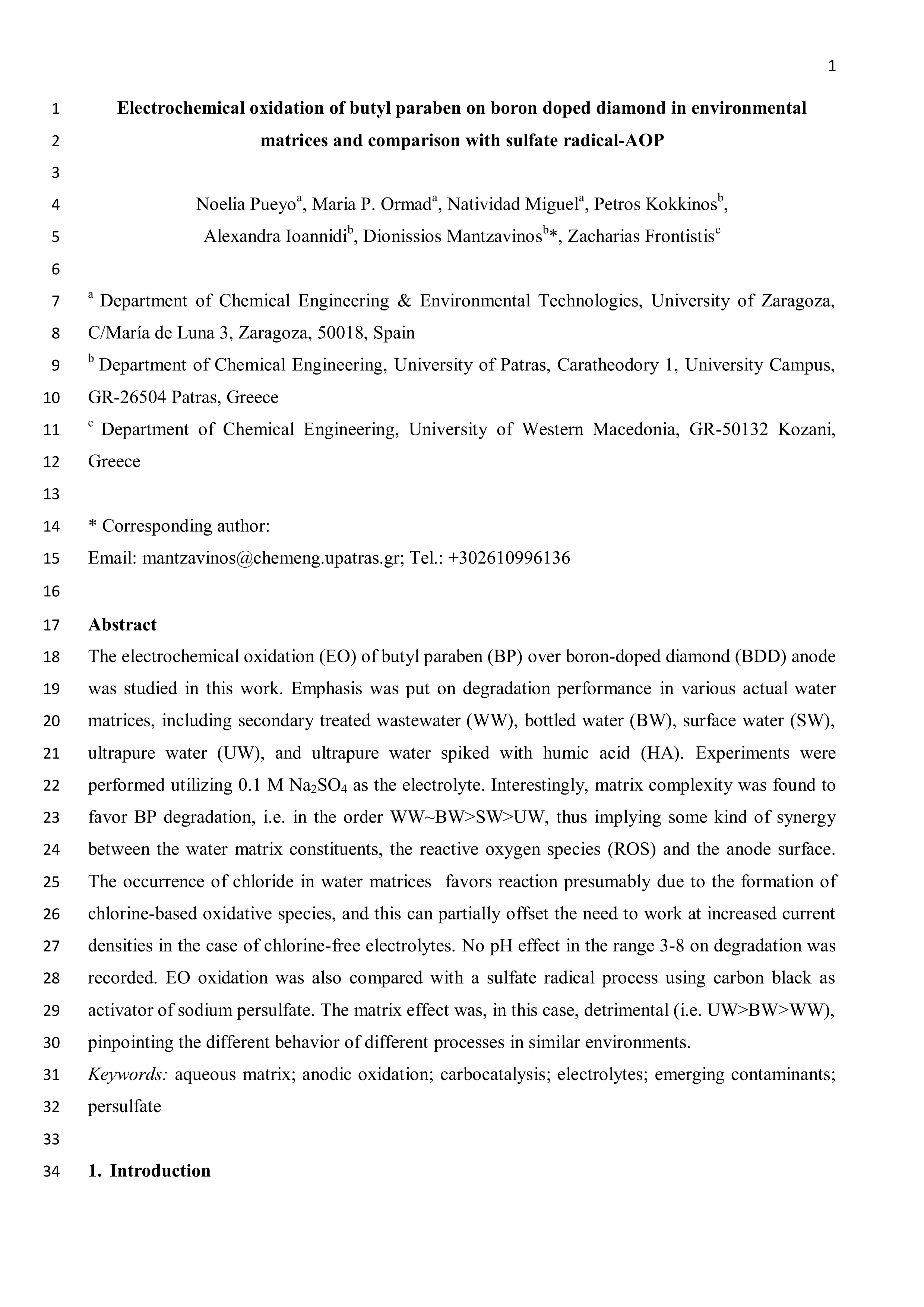 Electrochemical oxidation of butyl paraben on boron doped diamond in environmental matrices and comparison with sulfate radical-AOP