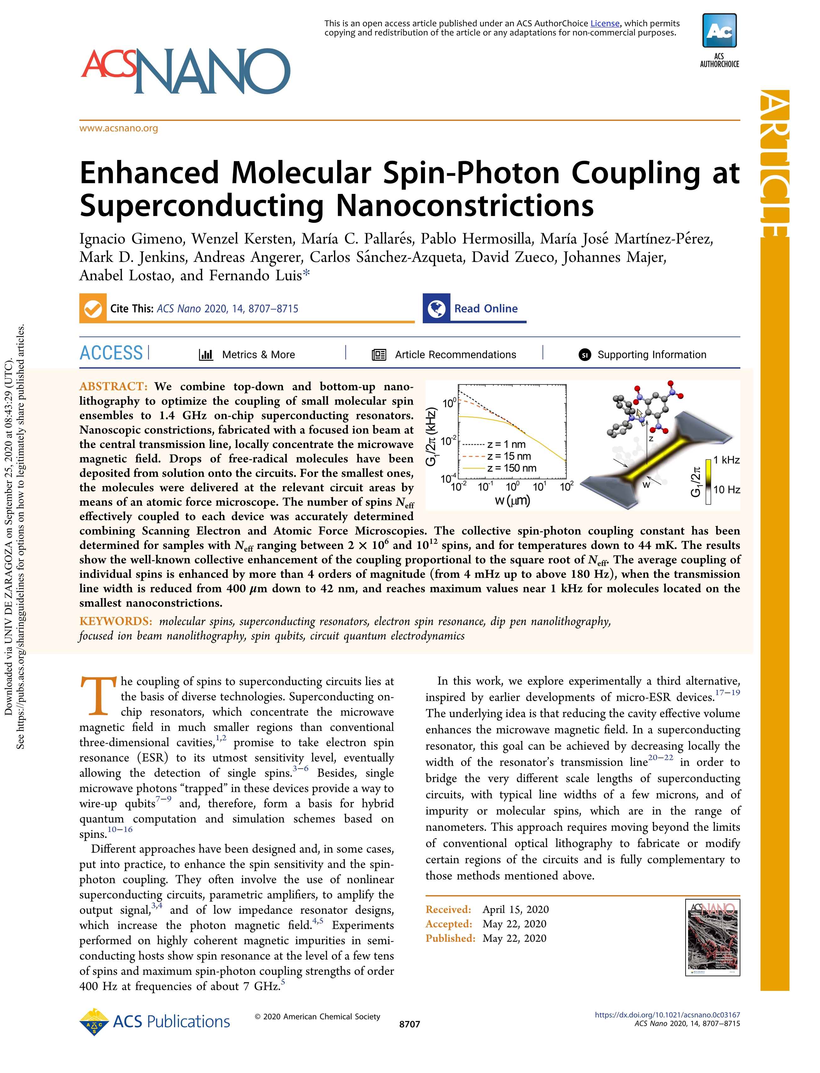 Enhanced Molecular Spin-Photon Coupling at Superconducting Nanoconstrictions