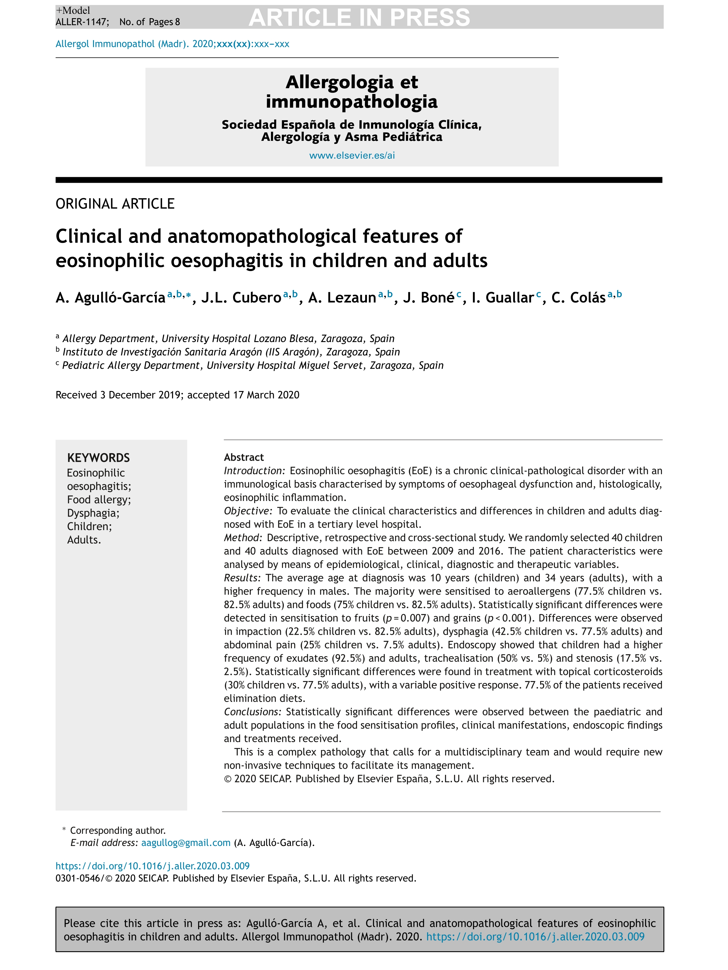 Clinical and anatomopathological features of eosinophilic oesophagitis in children and adults