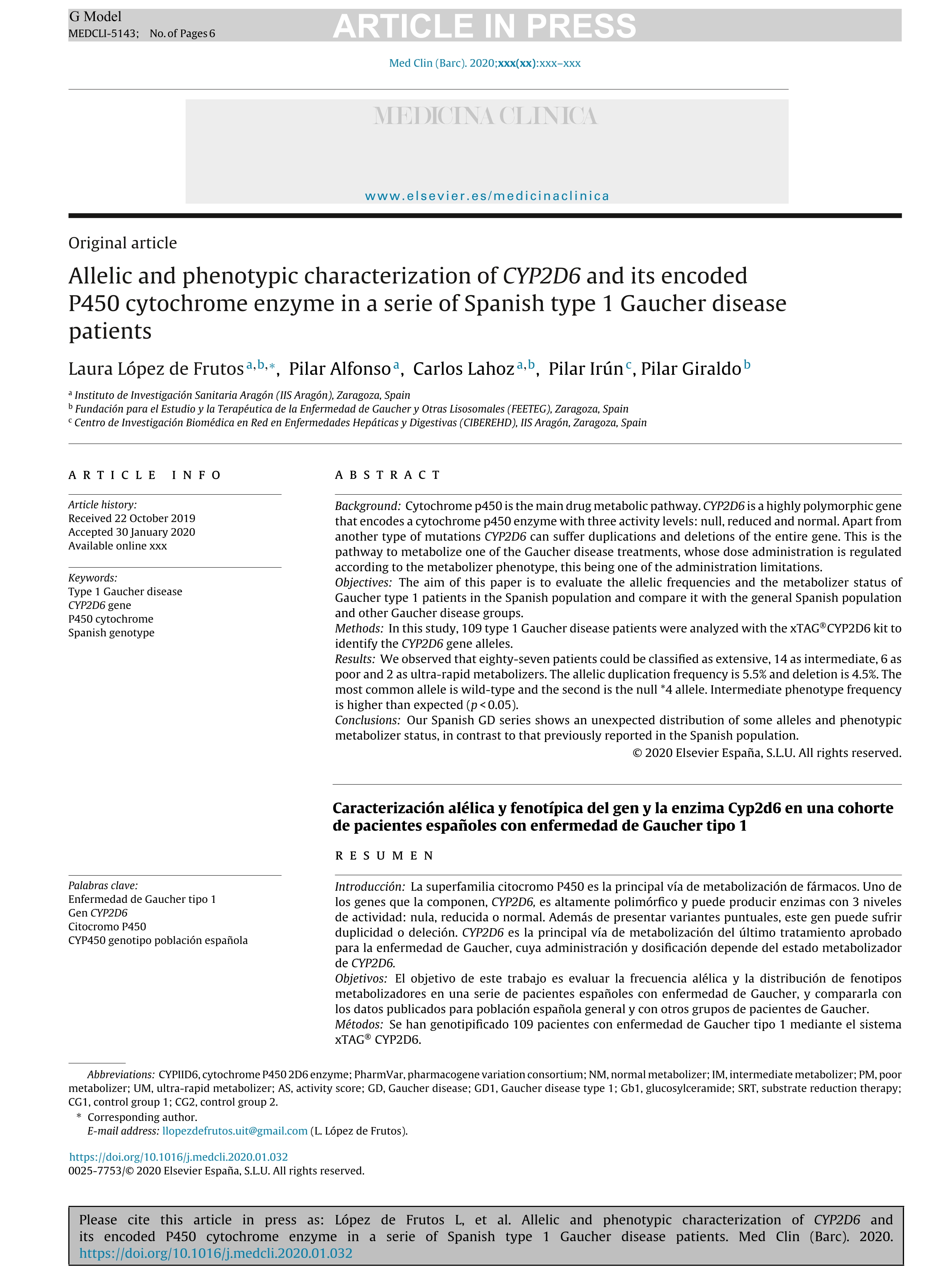 Allelic and phenotypic characterization of CYP2D6 and its encoded P450 cytochrome enzyme in a serie of Spanish type 1 Gaucher disease patients