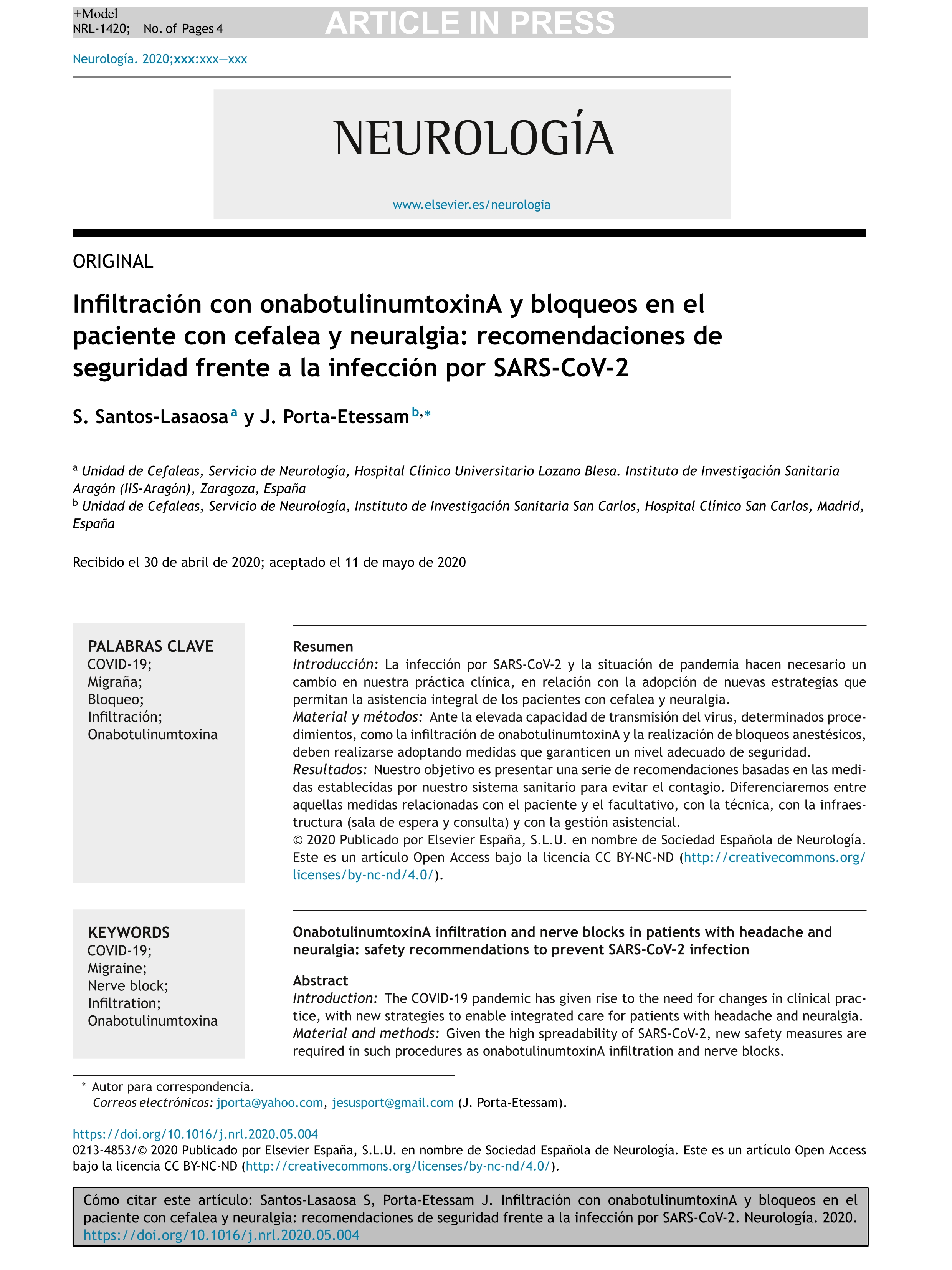 Infiltración con onabotulinumtoxinA y bloqueos en el paciente con cefalea y neuralgia: recomendaciones de seguridad frente a la infección por SARS-CoV-2