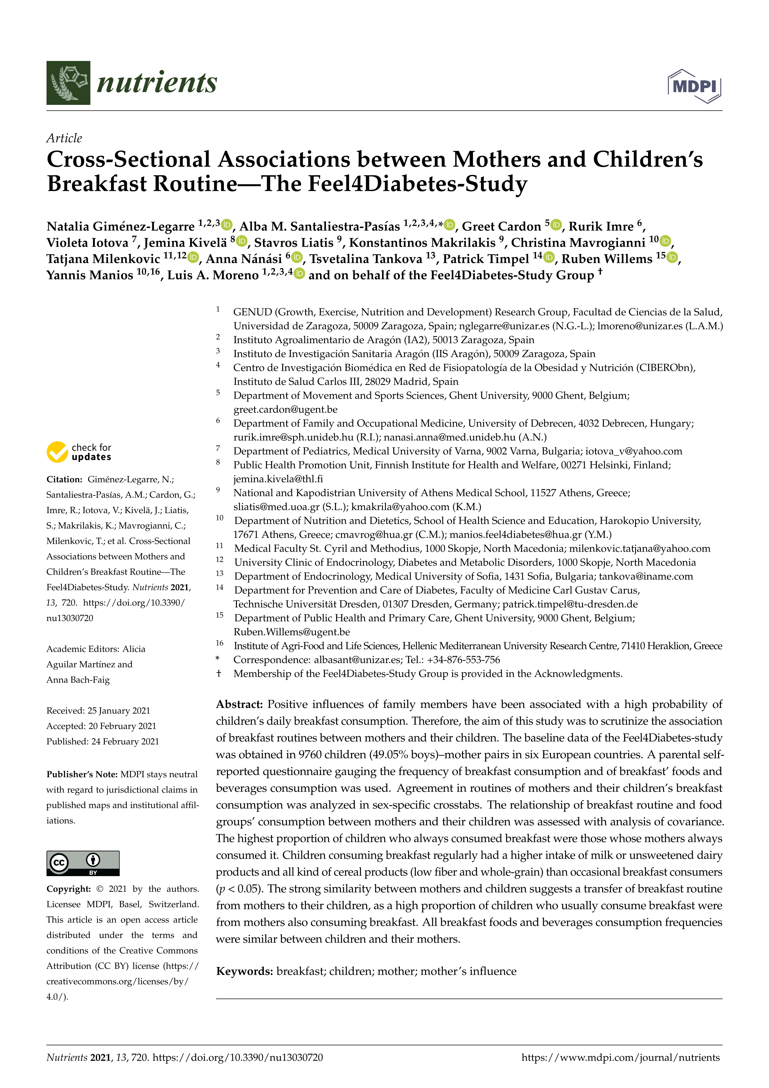 Cross-sectional associations between mothers and children’s breakfast routine - The Feel4Diabetes-study