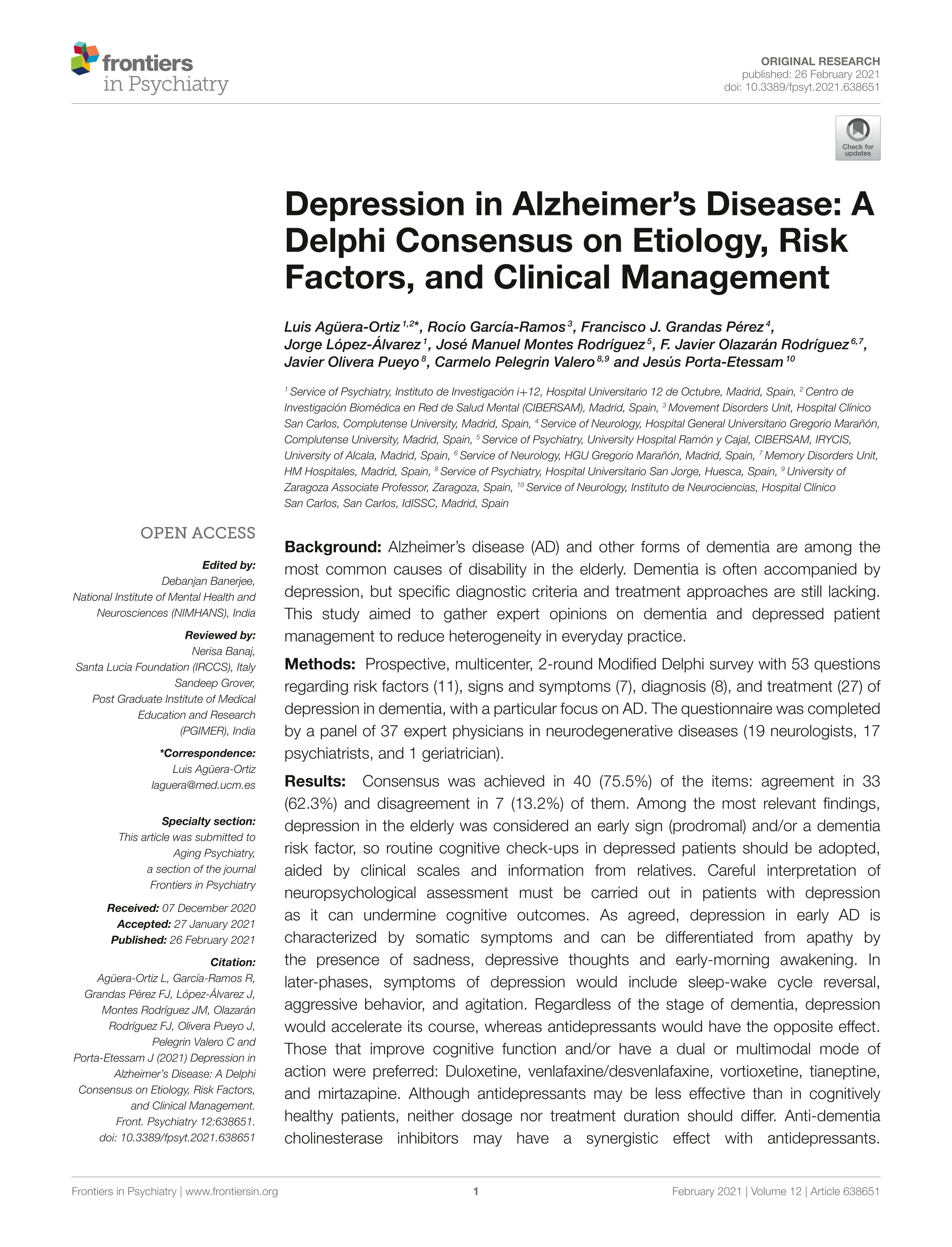 Depression in Alzheimer''s Disease: A Delphi Consensus on Etiology, Risk Factors, and Clinical Management