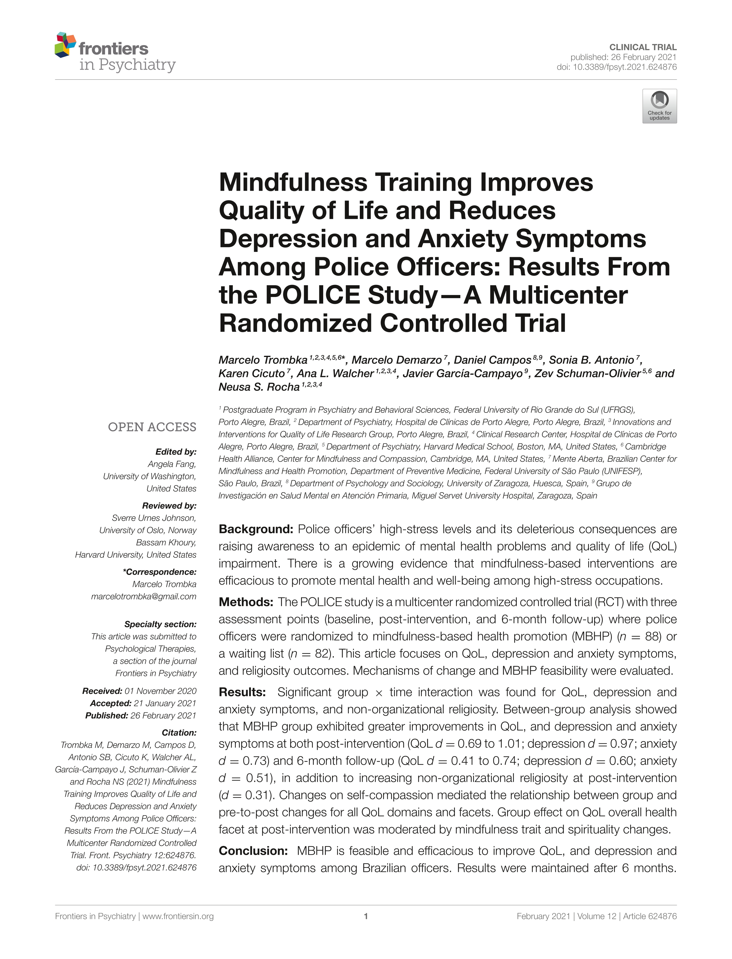 Mindfulness Training Improves Quality of Life and Reduces Depression and Anxiety Symptoms Among Police Officers: Results From the POLICE Study—A Multicenter Randomized Controlled Trial