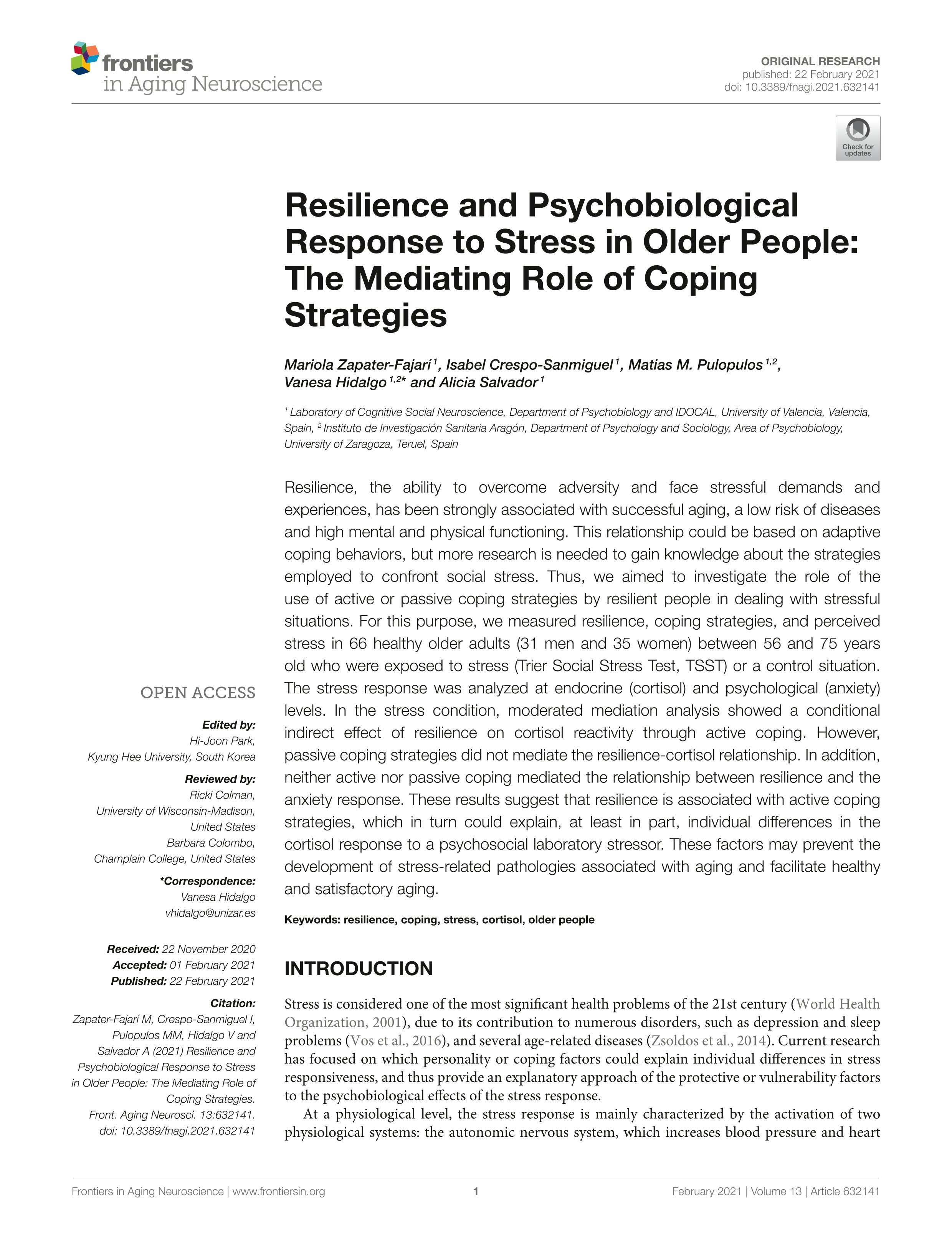 Resilience and Psychobiological Response to Stress in Older People: The Mediating Role of Coping Strategies
