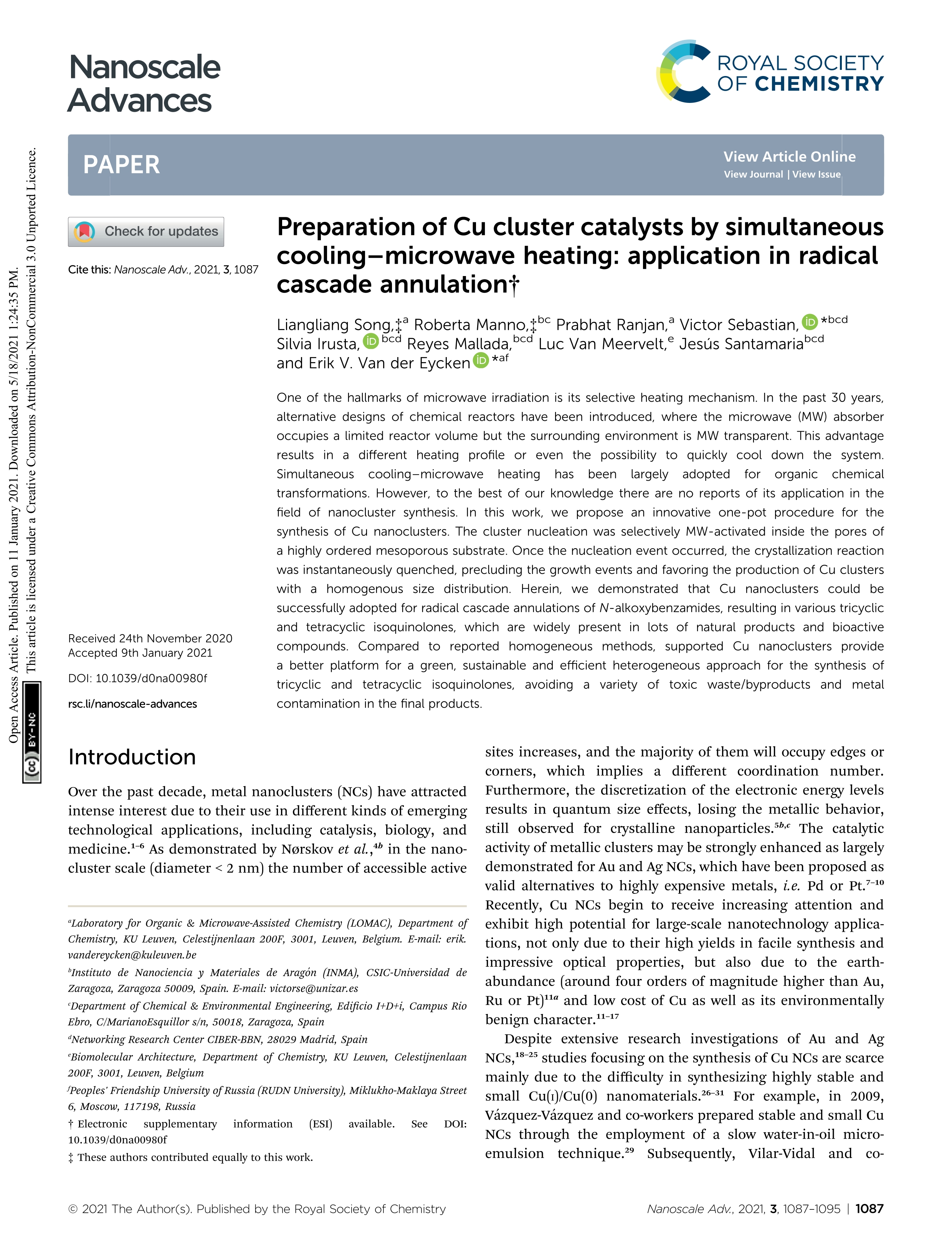 Preparation of Cu cluster catalysts by simultaneous cooling-microwave heating: application in radical cascade annulation