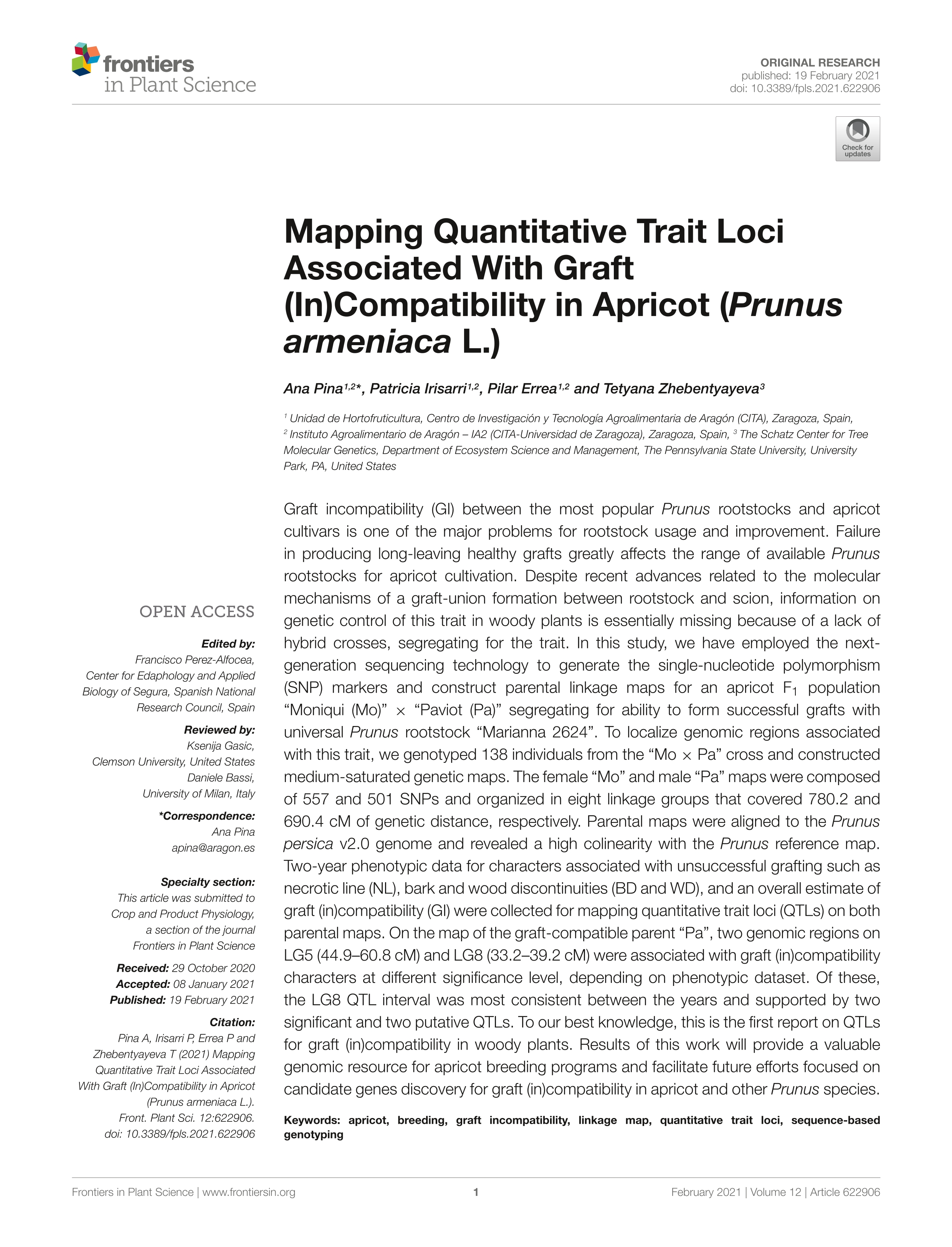 Mapping quantitative trait Loci associated with graft (In)compatibility in apricot (Prunus armeniaca L.)