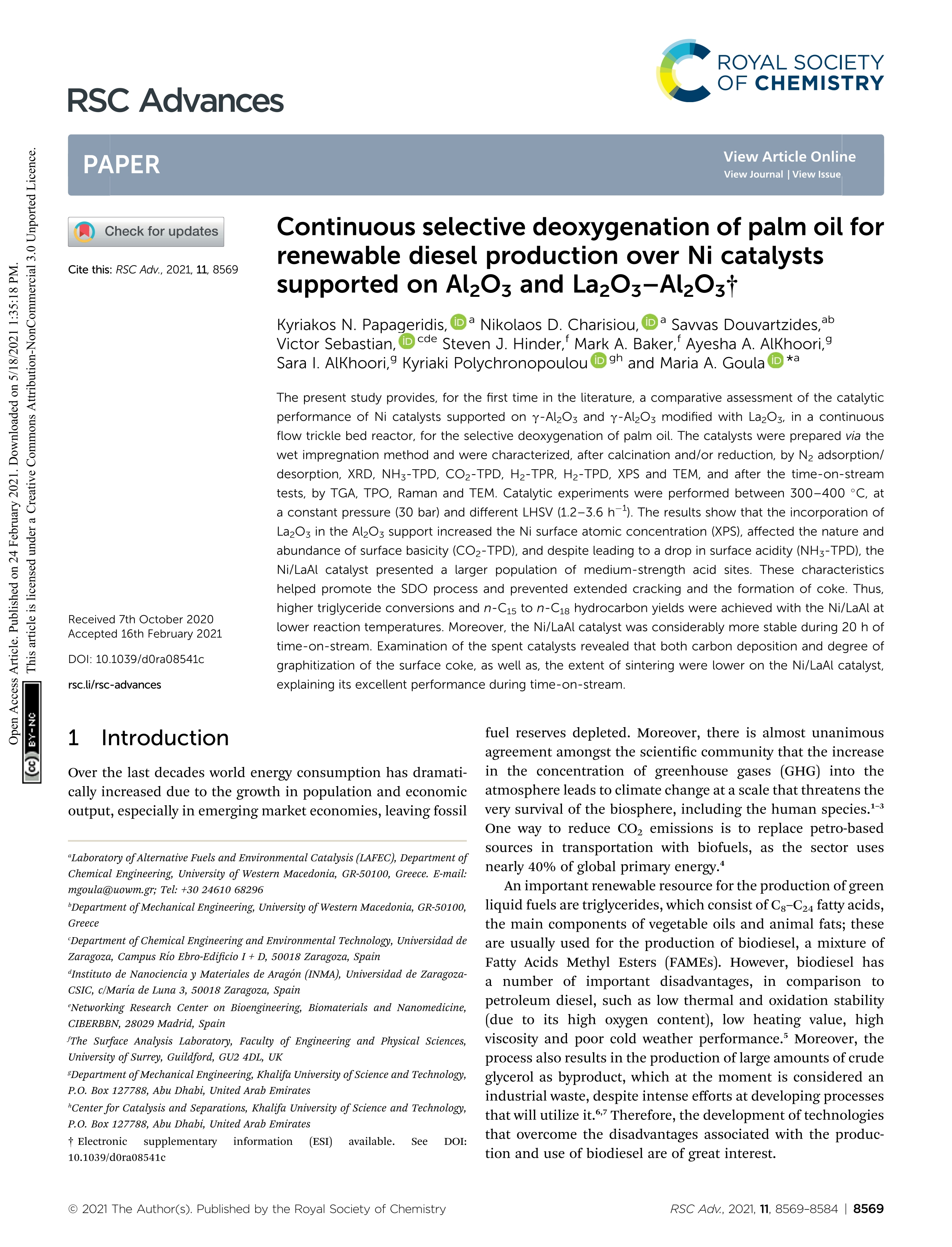 Continuous selective deoxygenation of palm oil for renewable diesel production over Ni catalysts supported on Al2O3 and La2O3-Al2O3