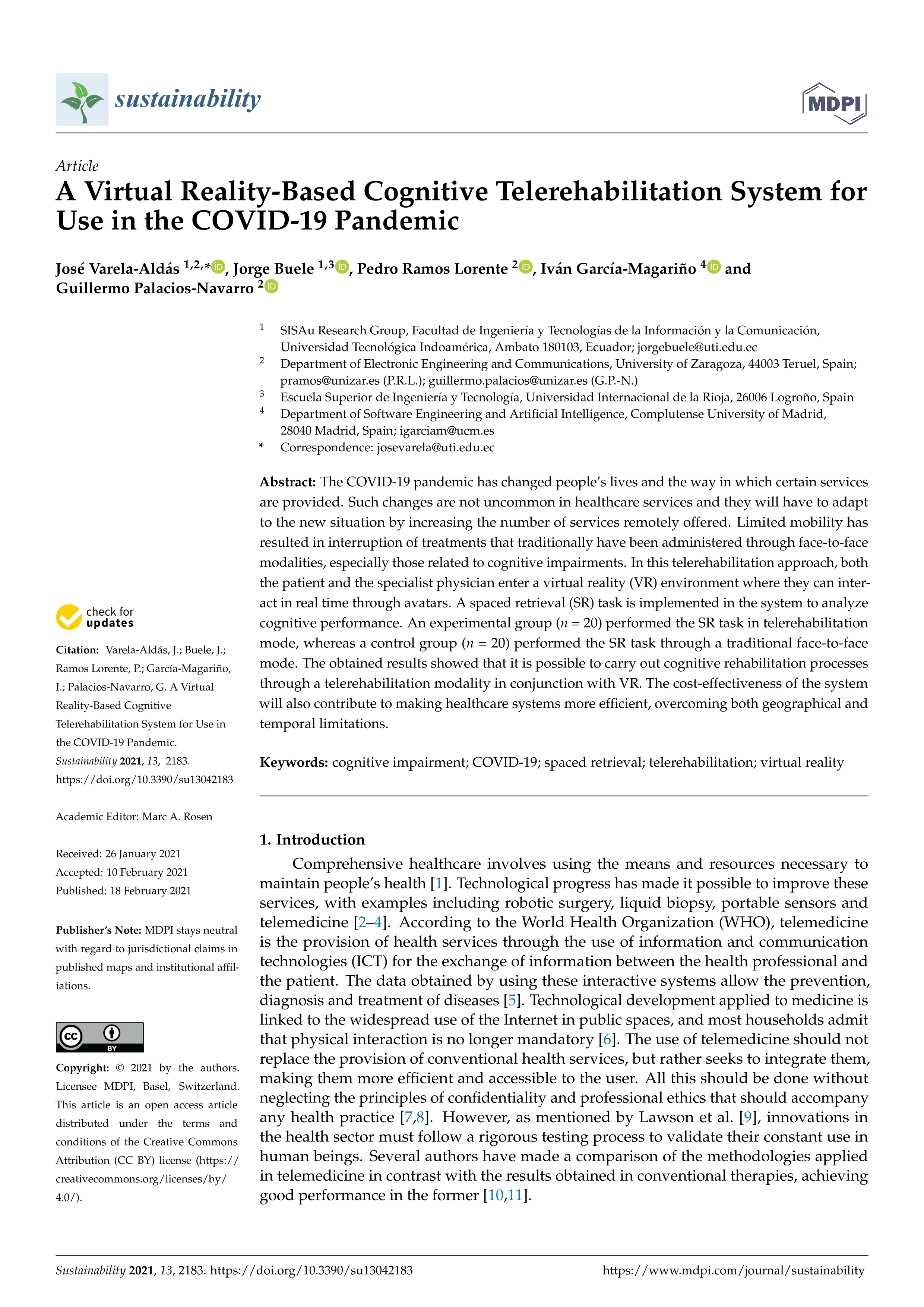 A virtual reality-based cognitive telerehabilitation system for use in the covid-19 pandemic
