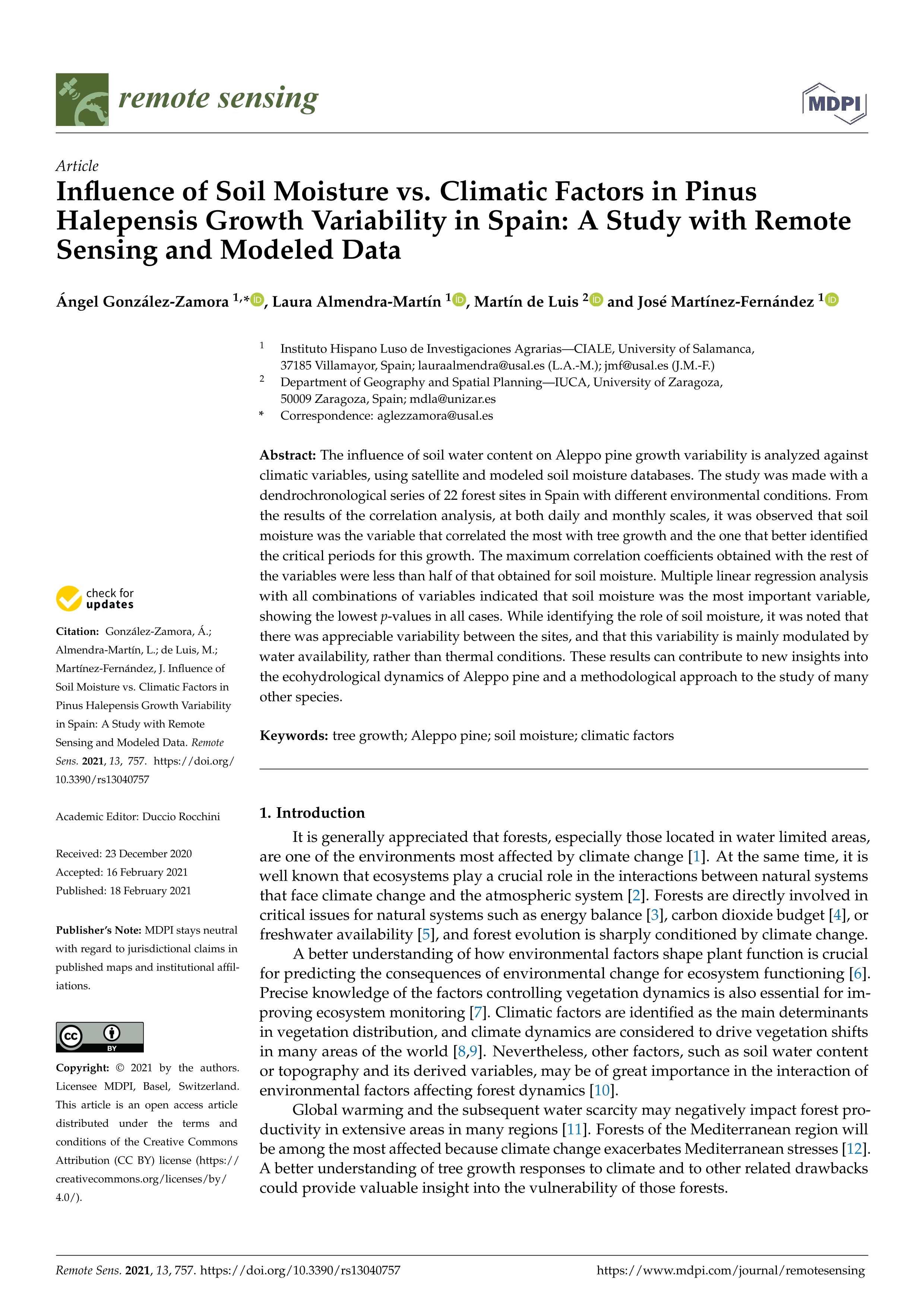 Influence of soil moisture vs. climatic factors in Pinus Halepensis growth variability in Spain: a study with remote sensing and modeled data