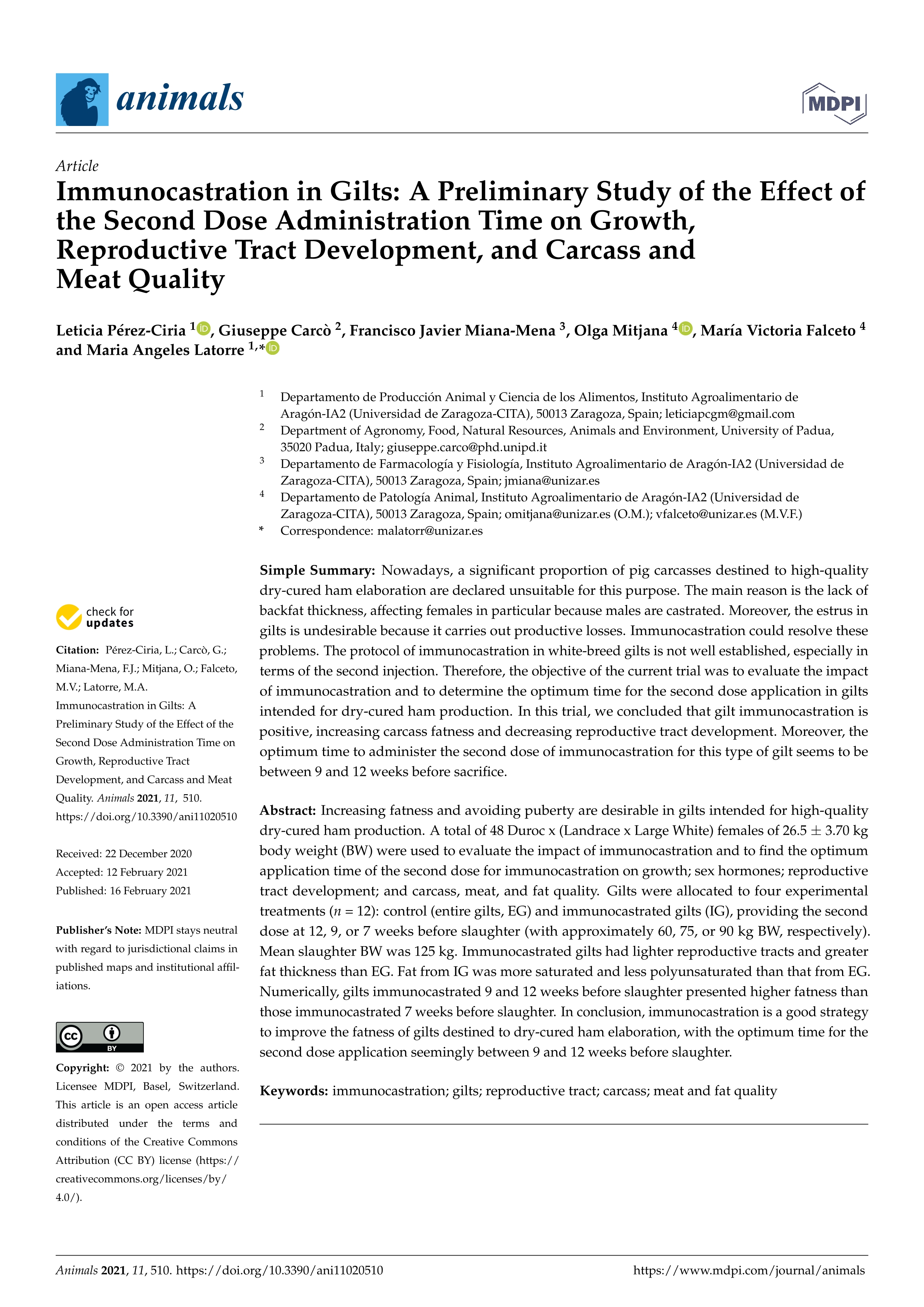 Immunocastration in gilts: a preliminary study of the effect of the second dose administration time on growth, reproductive tract development, and carcass and meat quality