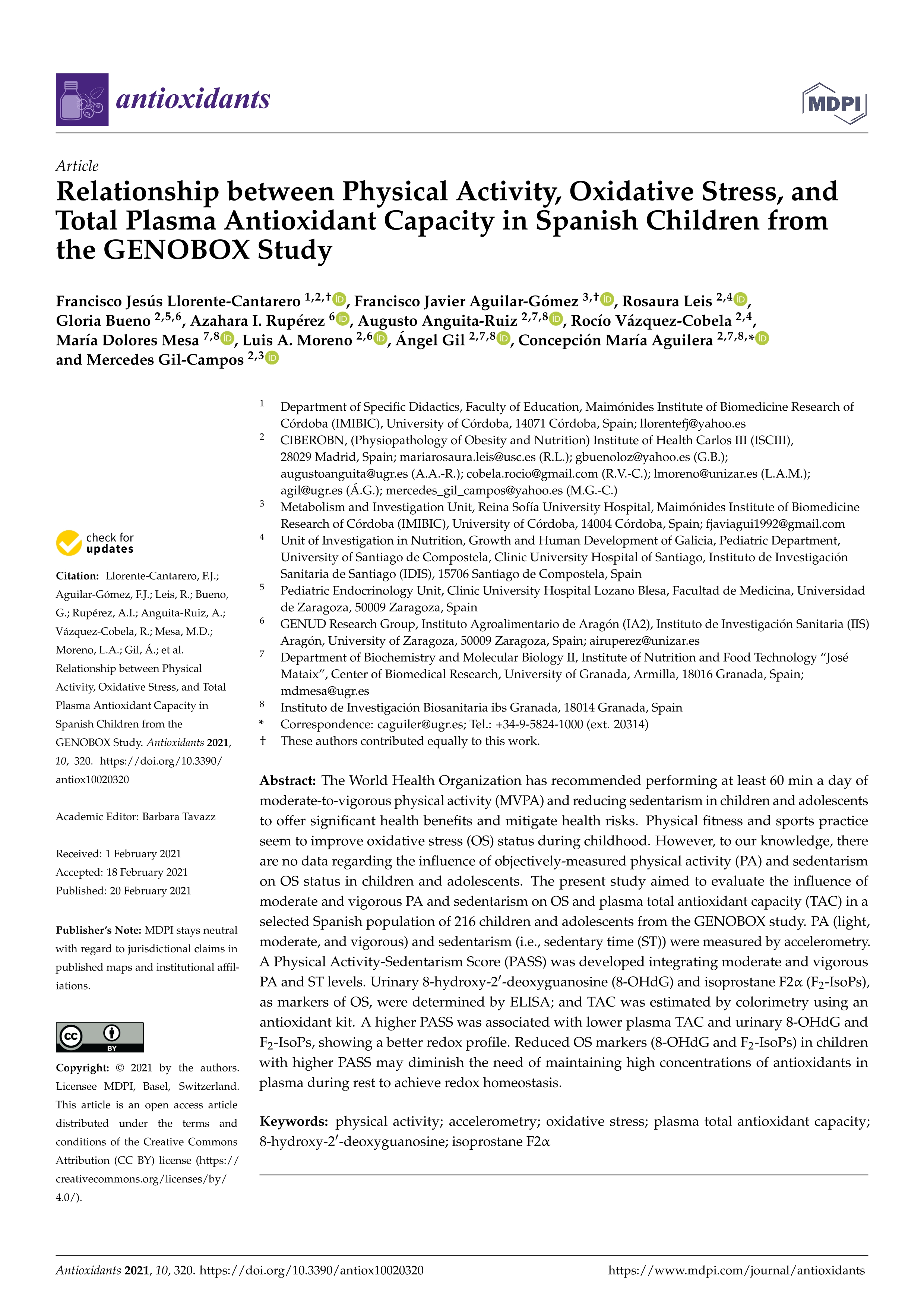 Relationship between physical activity, oxidative stress, and total plasma antioxidant capacity in spanish children from the genobox study