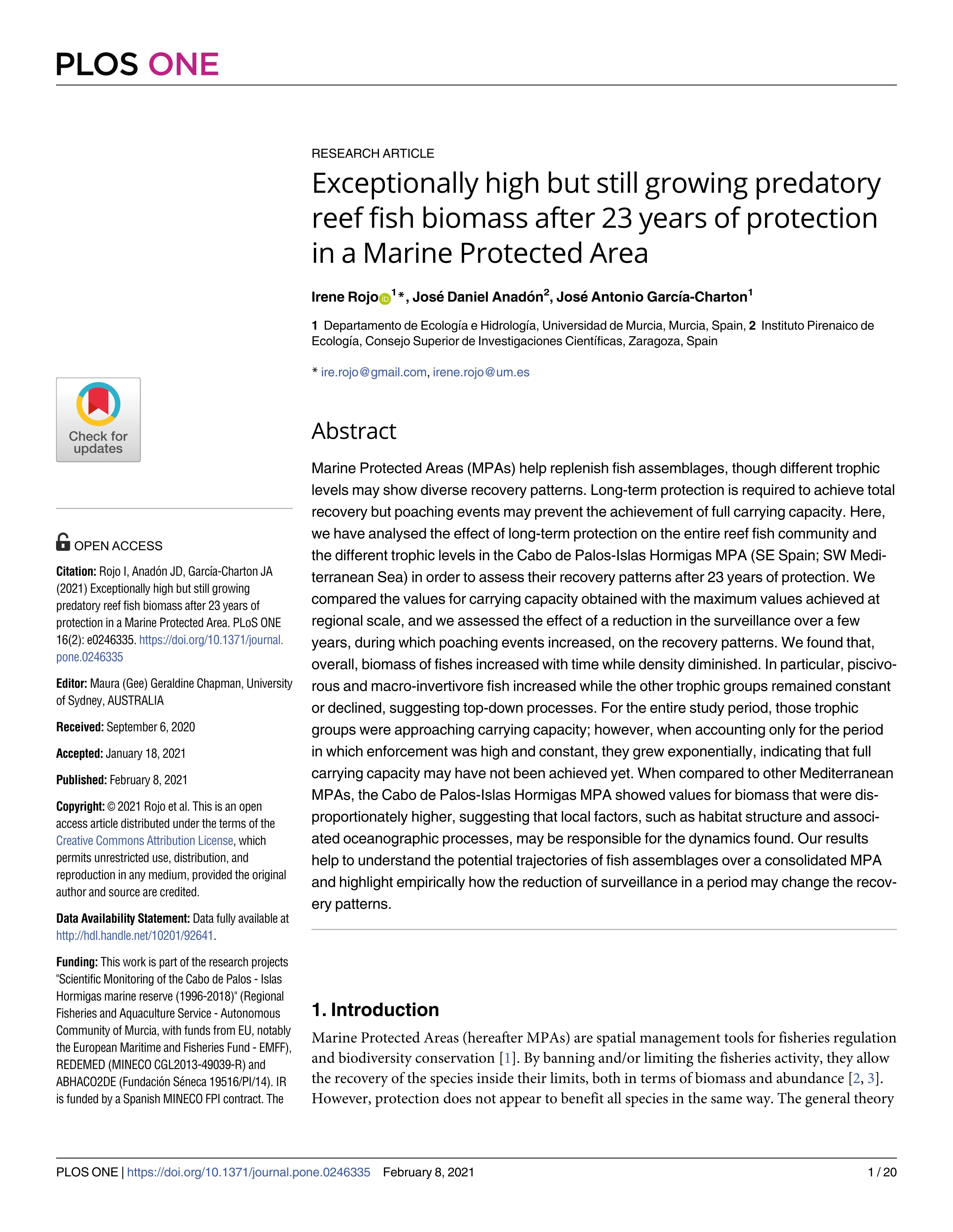 Exceptionally high but still growing predatory reef fish biomass after 23 years of protection in a Marine Protected Area