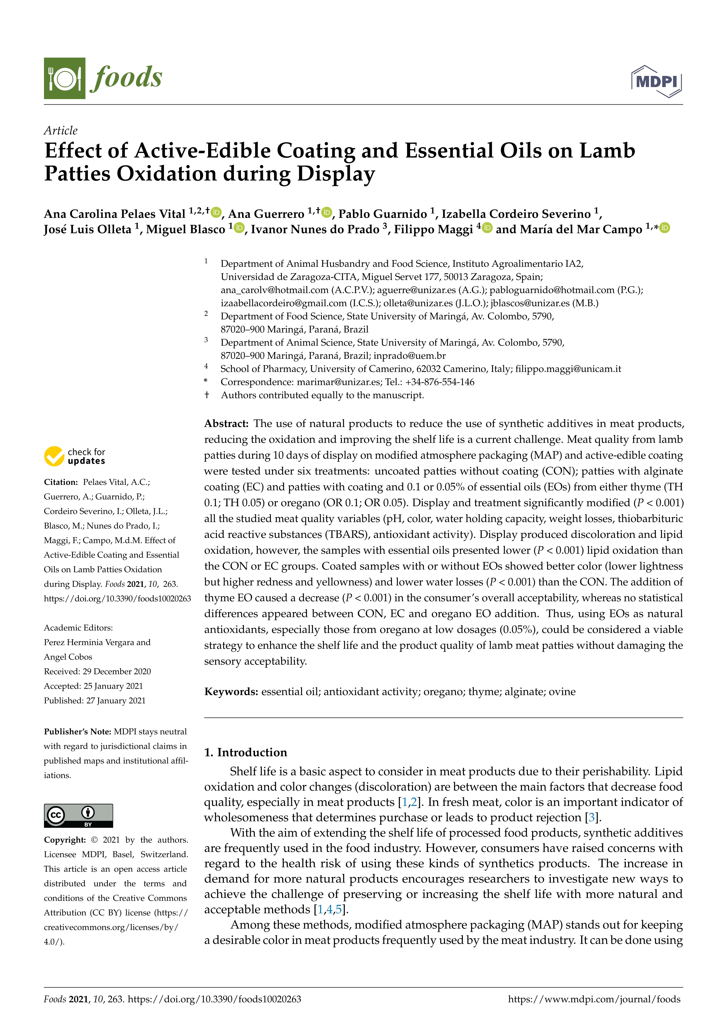 Effect of active-edible coating and essential oils on lamb patties oxidation during display