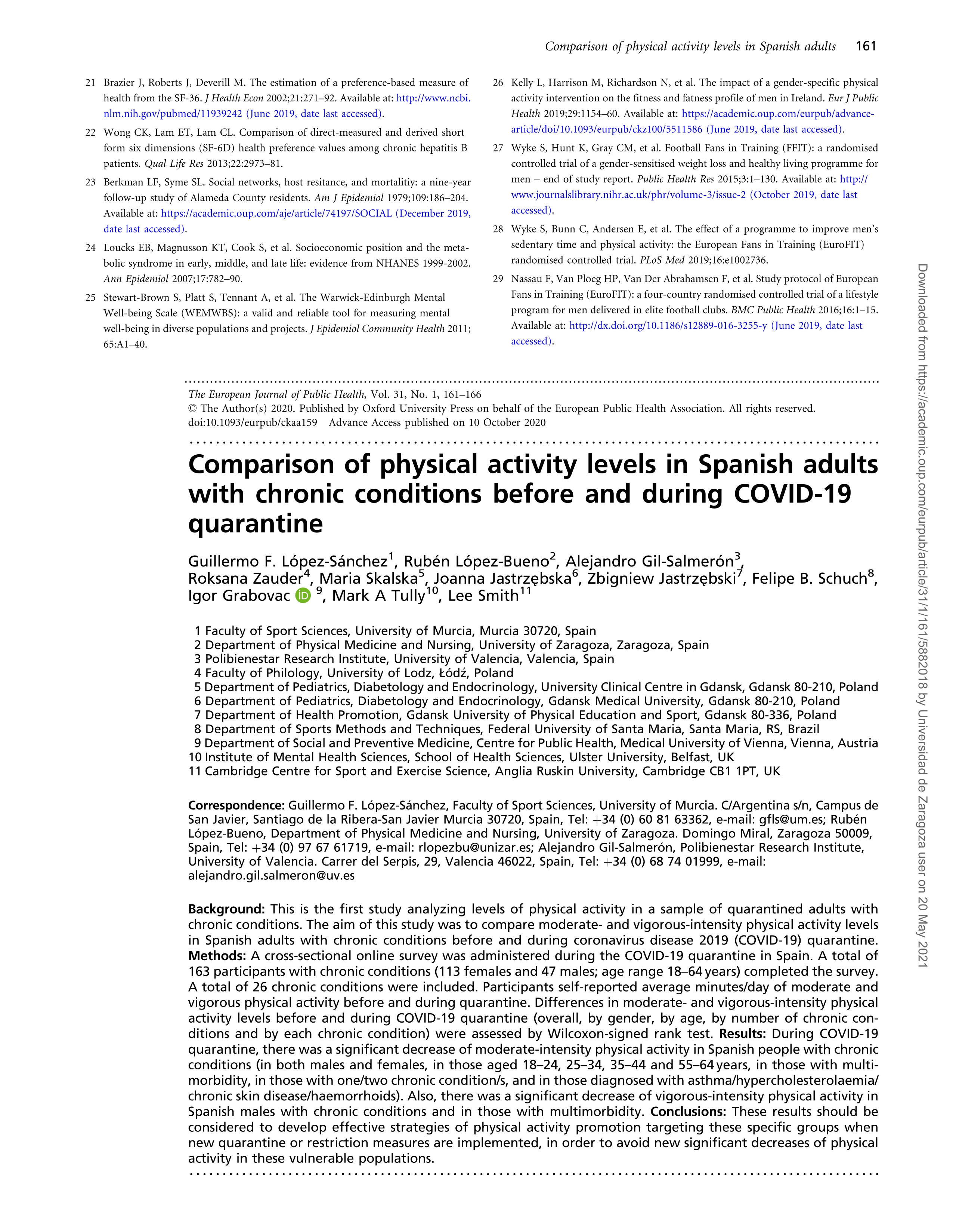 Comparison of physical activity levels in Spanish adults with chronic conditions before and during COVID-19 quarantine