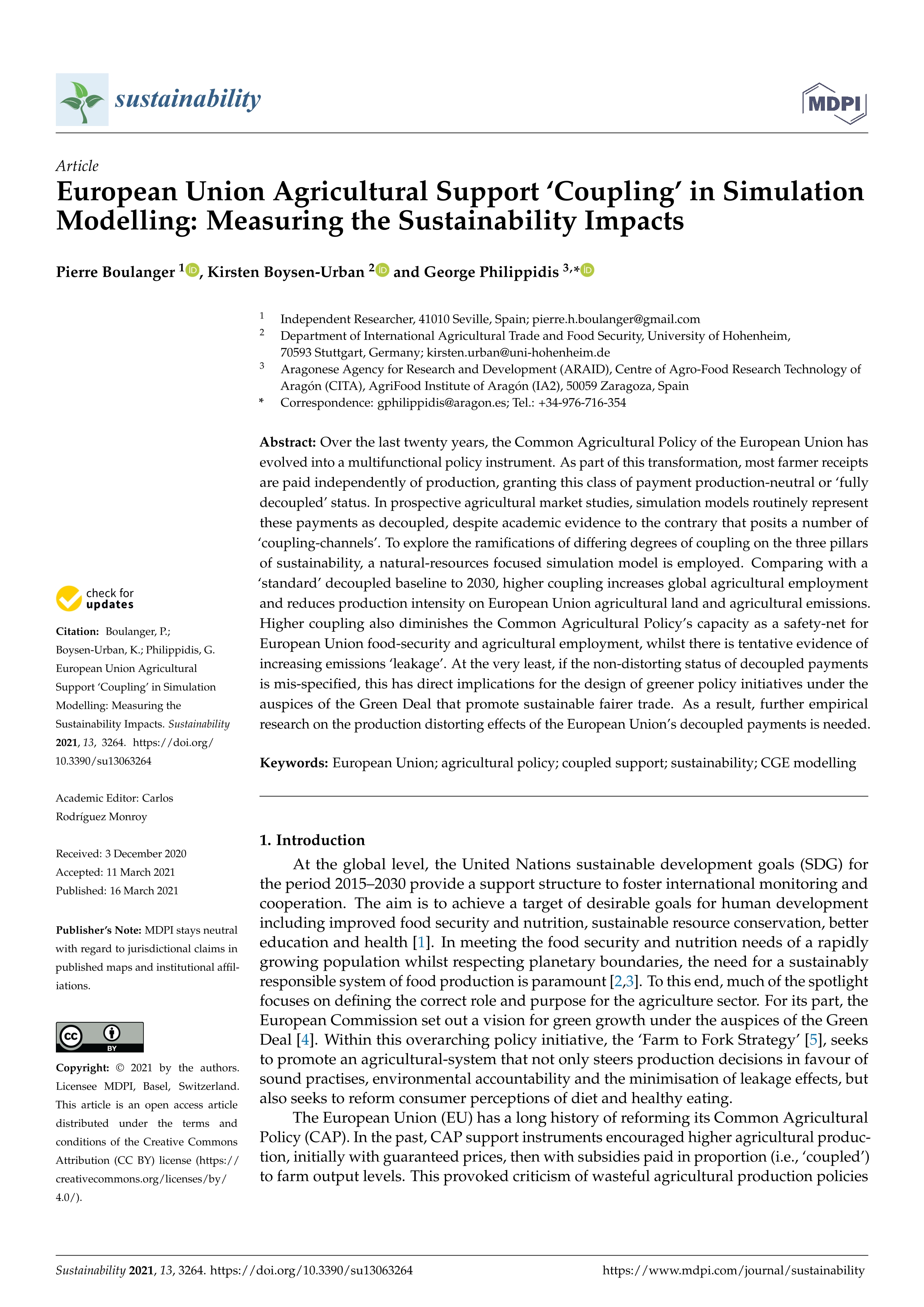 European union agricultural support ‘coupling’ in simulation modelling: measuring the sustainability impacts