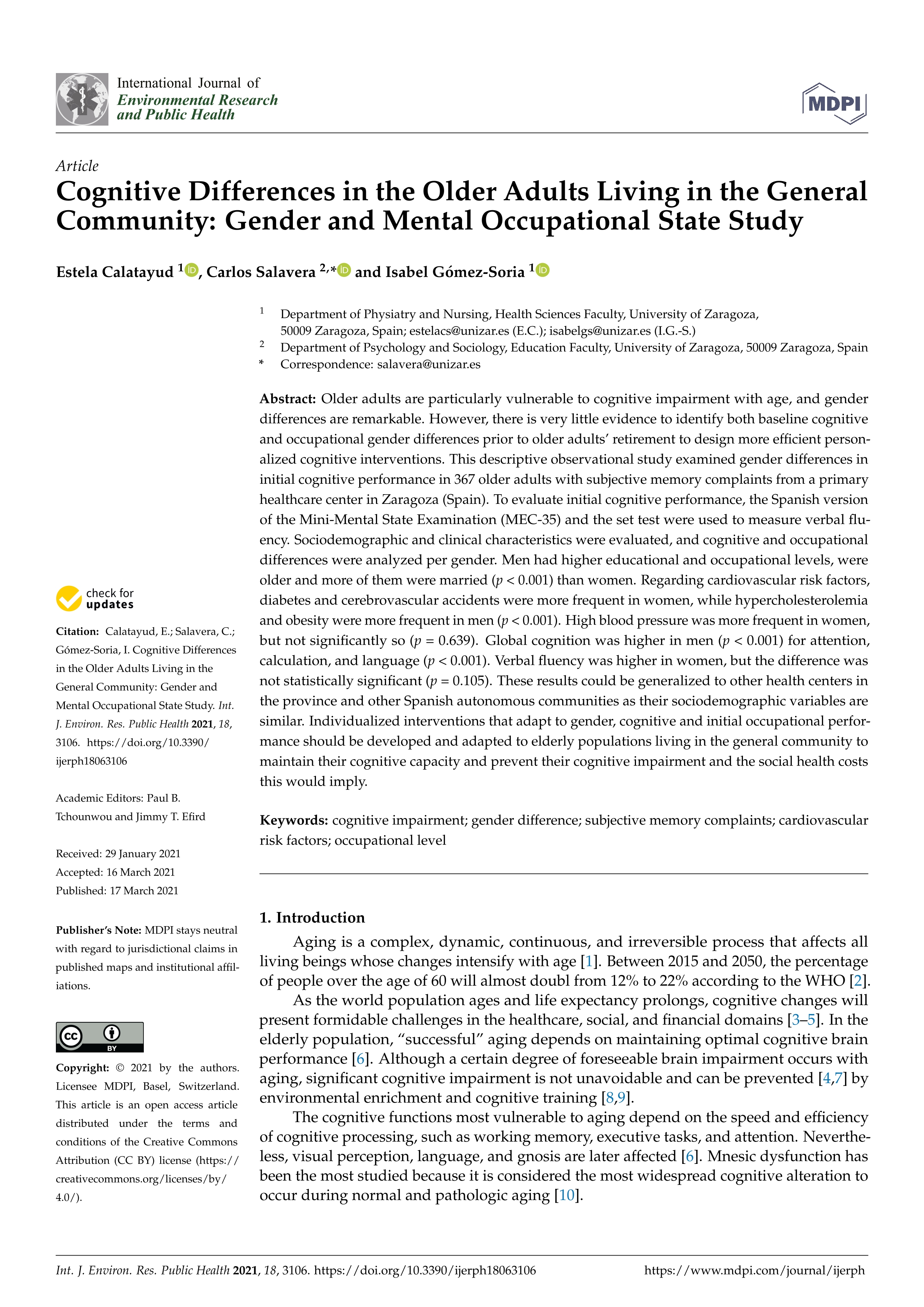 Cognitive differences in the older adults living in the general community: gender and mental occupational state study