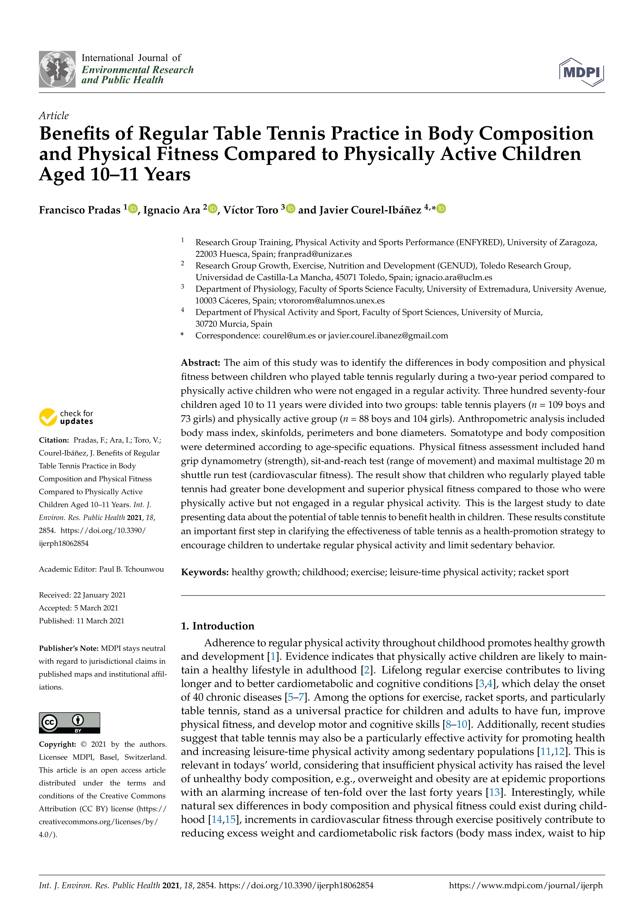 Benefits of regular table tennis practice in body composition and physical fitness compared to physically active children aged 10–11 years