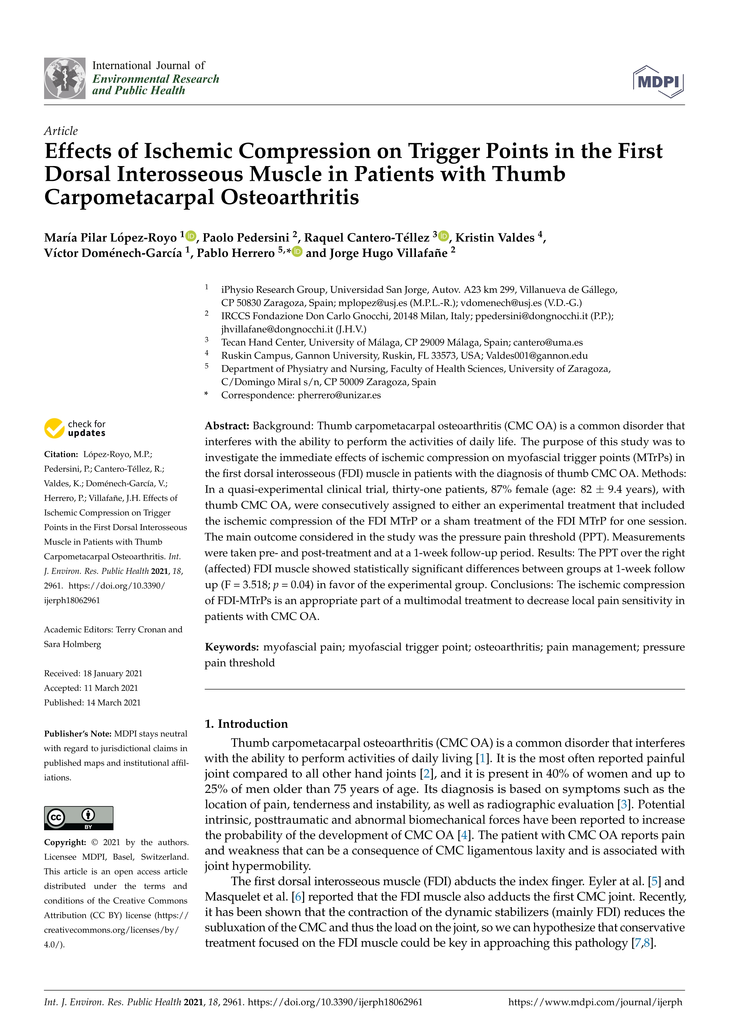 Effects of ischemic compression on trigger points in the first dorsal interosseous muscle in patients with thumb carpometacarpal osteoarthritis