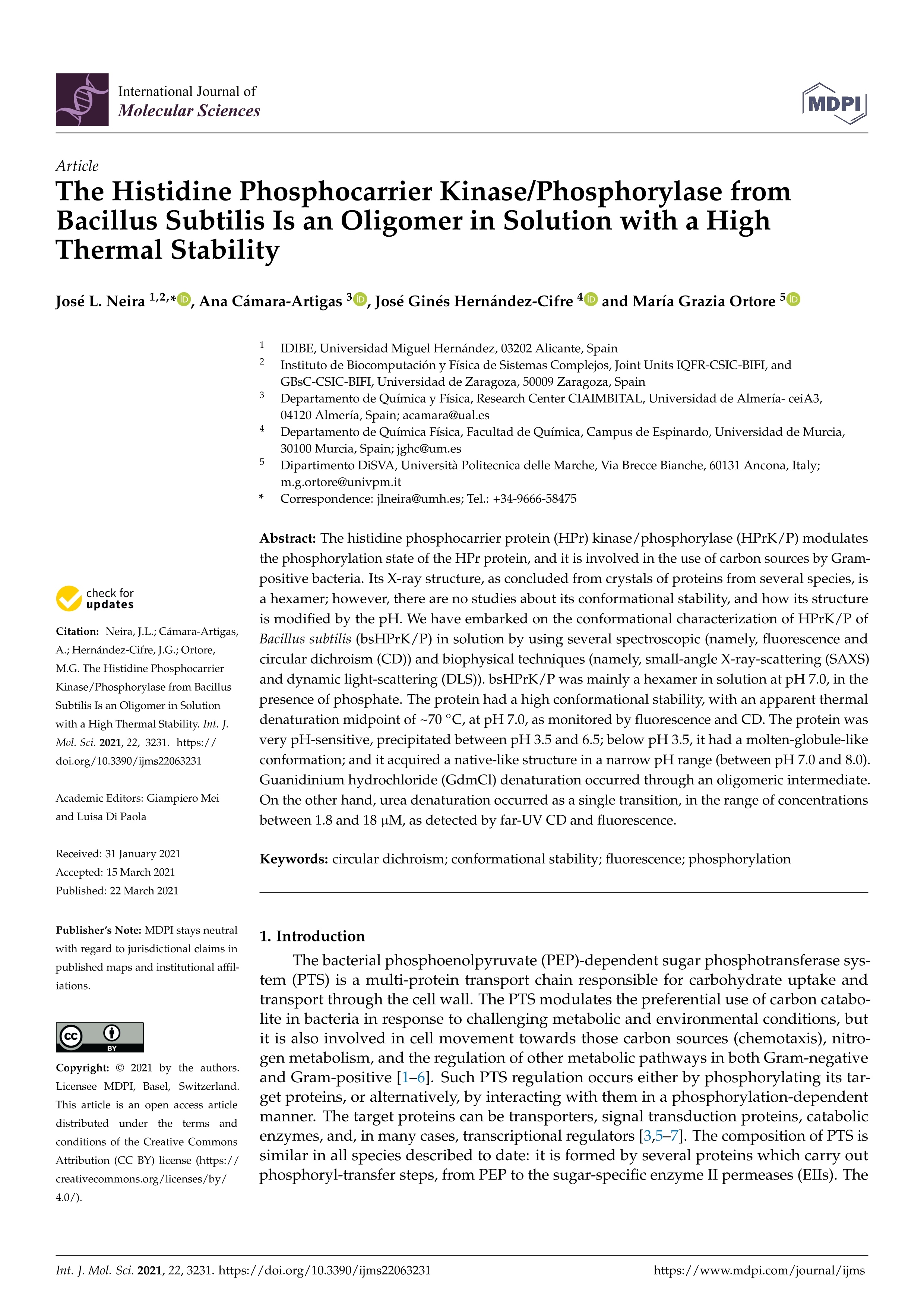 The histidine phosphocarrier kinase/phosphorylase from bacillus subtilis is an oligomer in solution with a high thermal stability