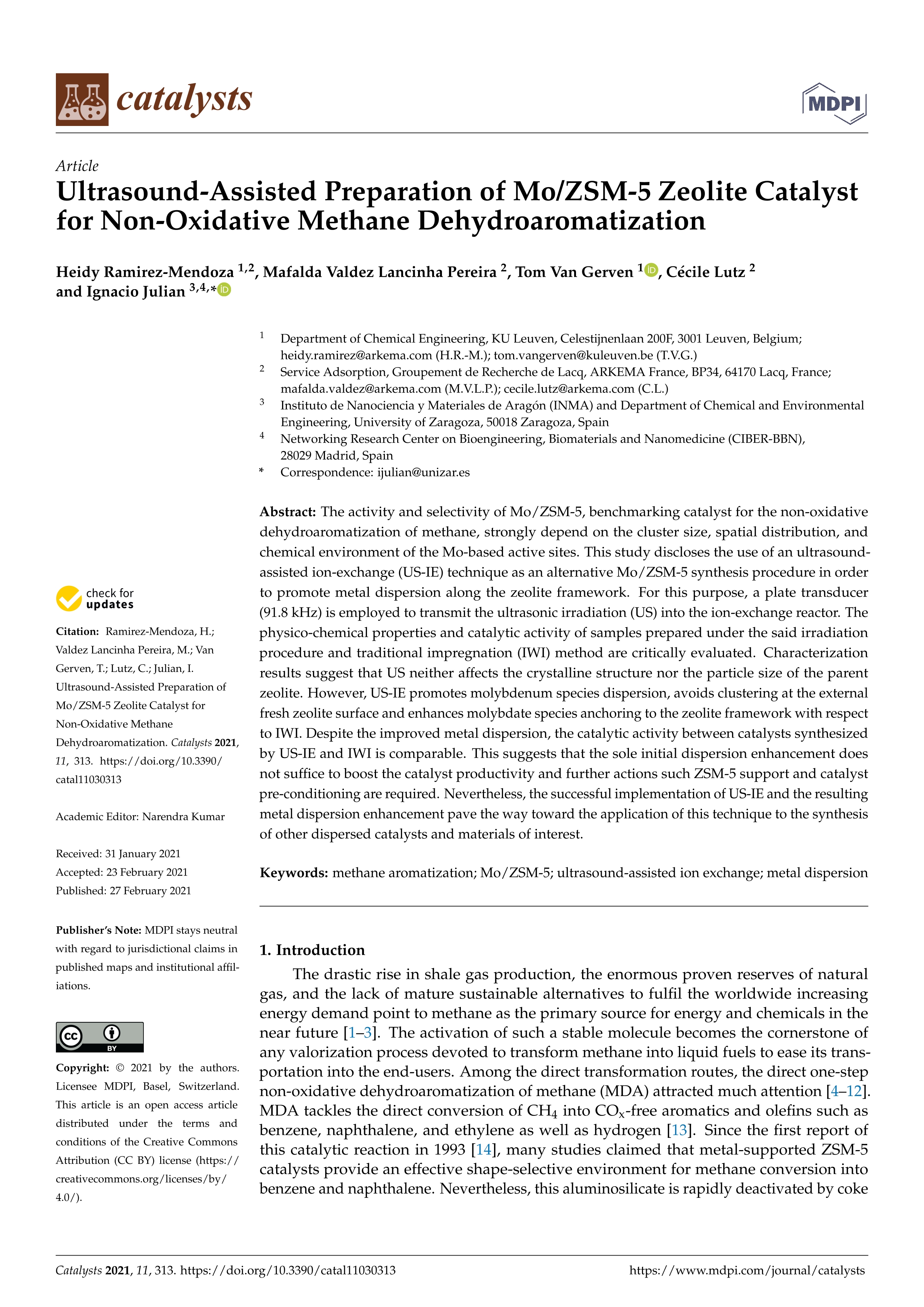 Ultrasound-Assisted Preparation of Mo/ZSM-5 Zeolite Catalyst for Non-Oxidative Methane Dehydroaromatization