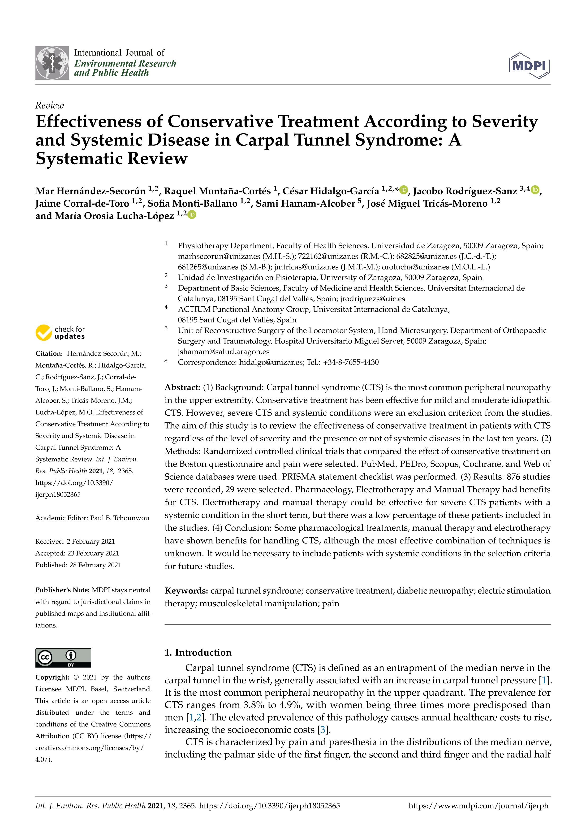 Effectiveness of conservative treatment according to severity and systemic disease in carpal tunnel syndrome: A systematic review