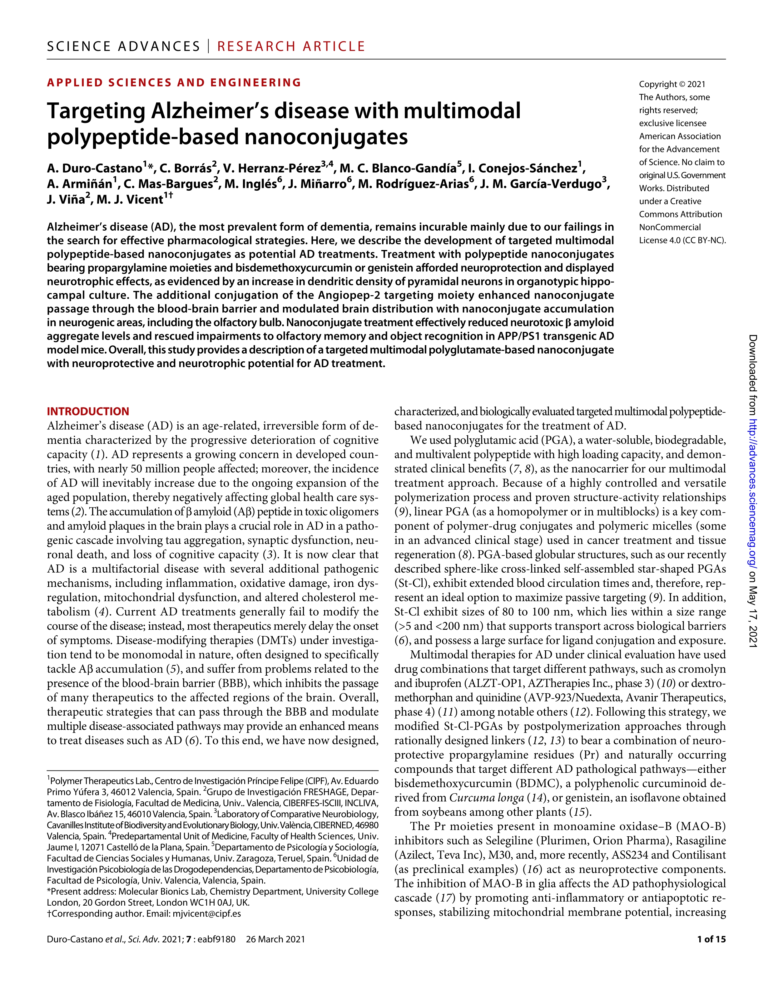 Targeting Alzheimer’s disease with multimodal polypeptide-based nanoconjugates