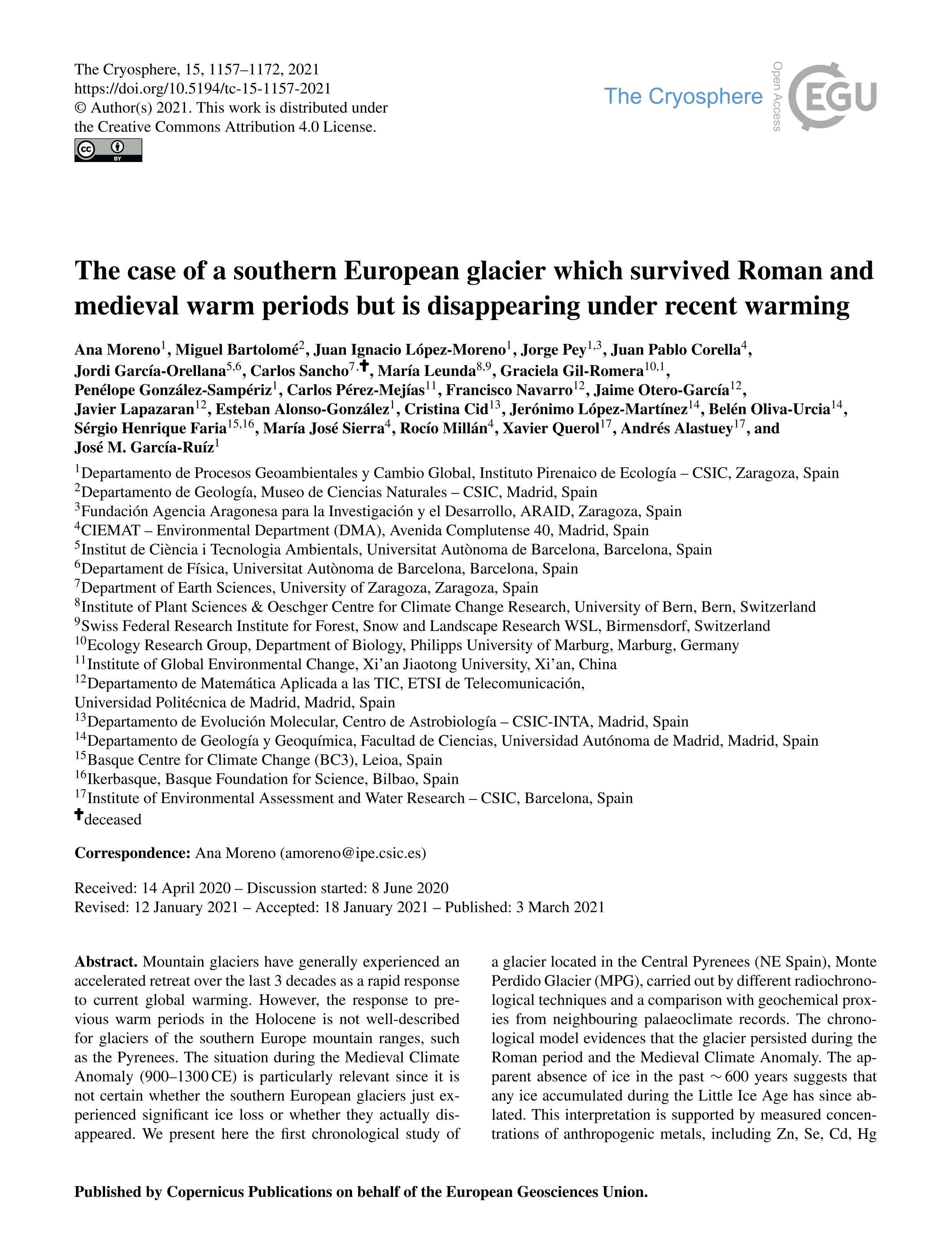 The case of a southern European glacier which survived Roman and medieval warm periods but is disappearing under recent warming